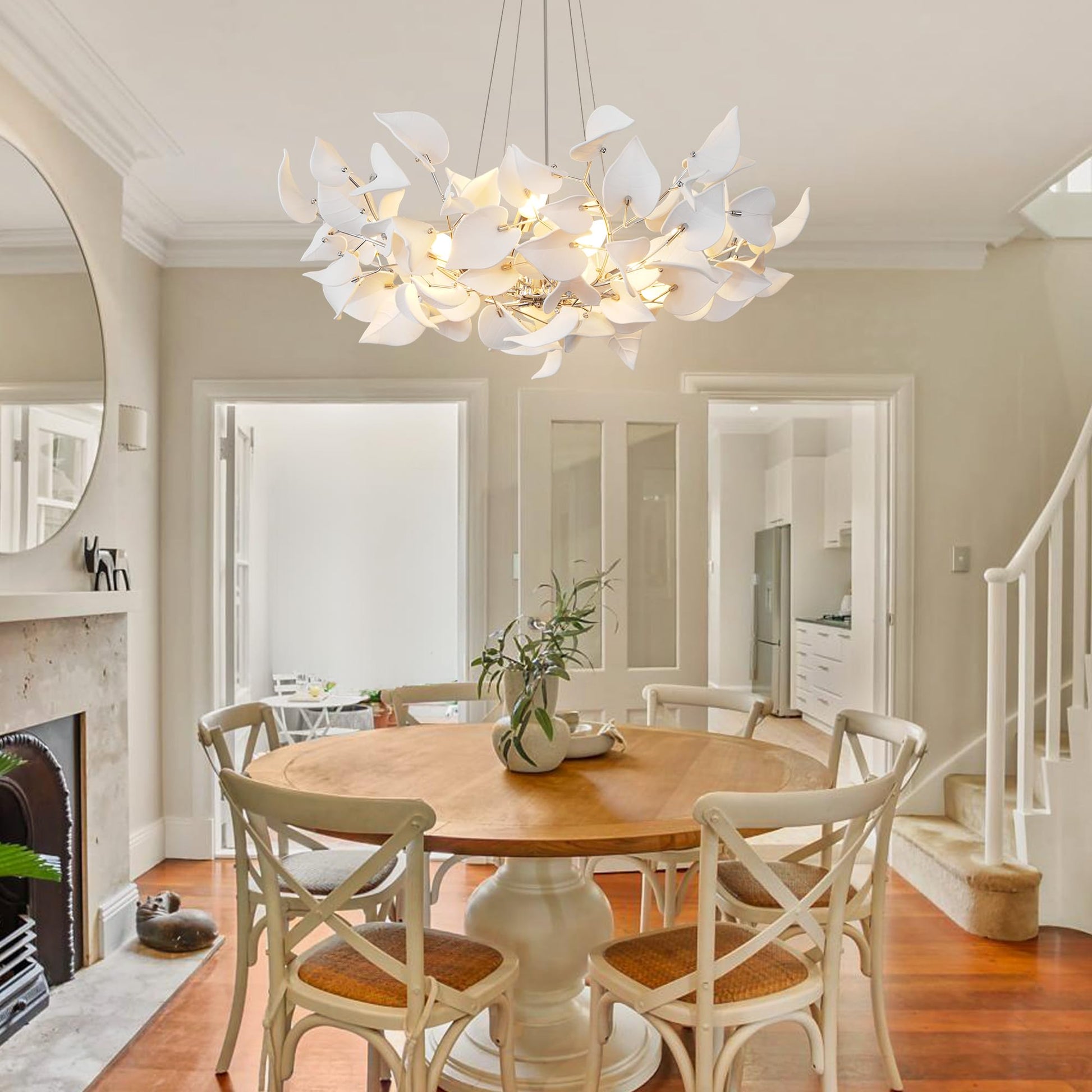 31.5" Silver Tree Branches Chandelier, Ceramic Ginkgo Leaf Chandelier, 6 - Light Modern Round Chandeliers Hanging Lighting Fixtures for Dining Room, Living Room Over Table, Kitchen, Foyer, Bedroom - Camilalamps - B0FFT4CNG8