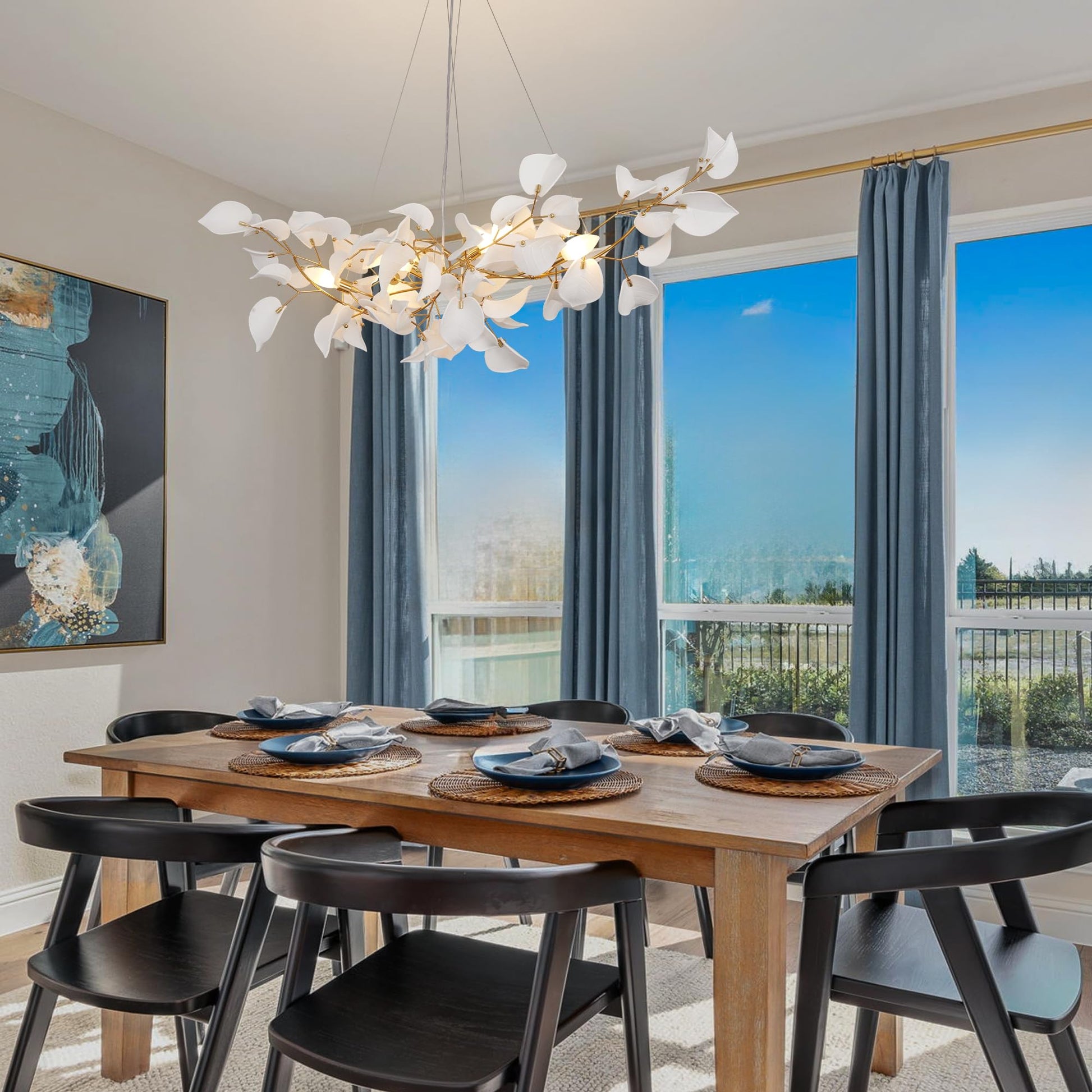 31.5" Silver Tree Branches Chandelier, Ceramic Ginkgo Leaf Chandelier, 6 - Light Modern Round Chandeliers Hanging Lighting Fixtures for Dining Room, Living Room Over Table, Kitchen, Foyer, Bedroom - Camilalamps - B0FFT4CNG8