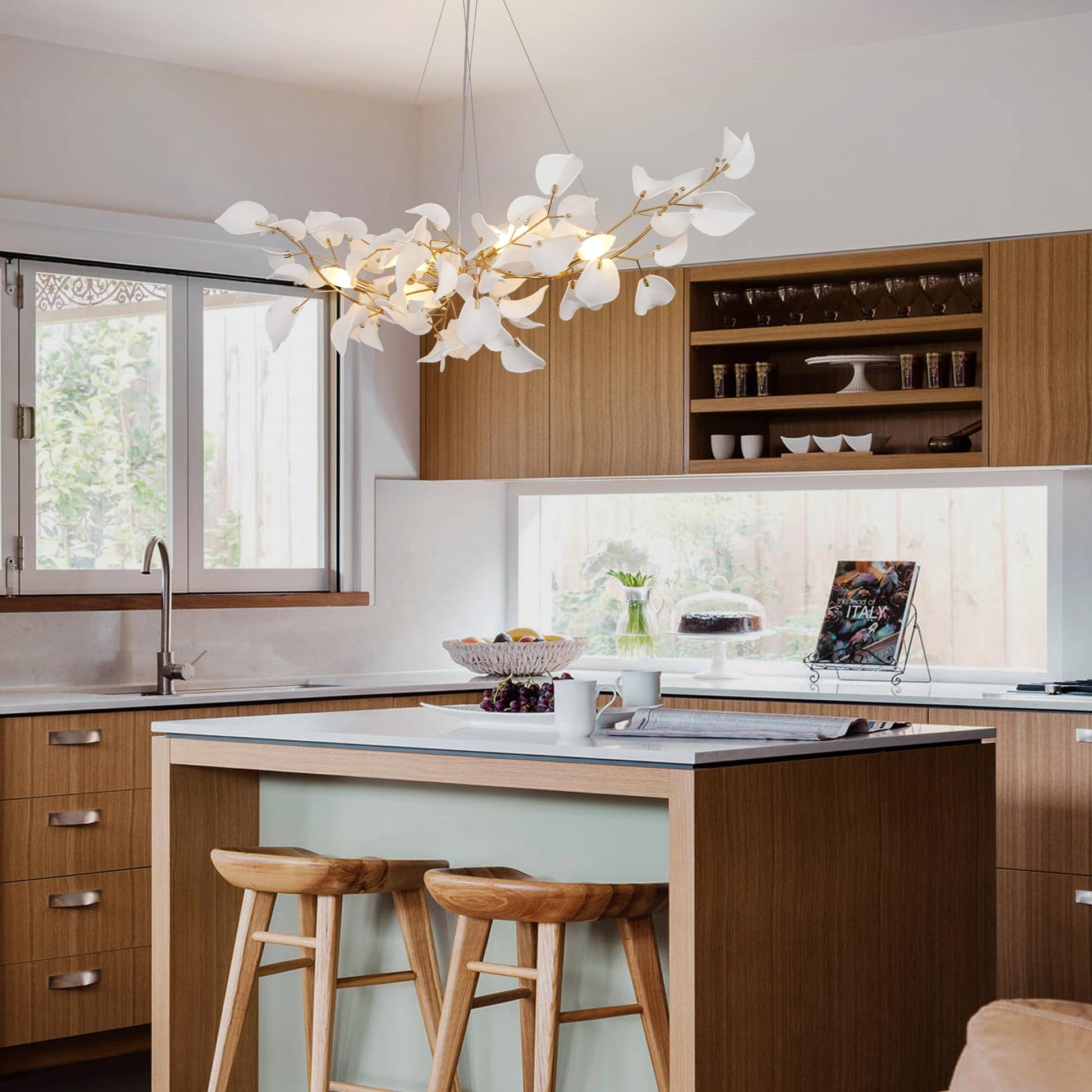 31.5" Silver Tree Branches Chandelier, Ceramic Ginkgo Leaf Chandelier, 6 - Light Modern Round Chandeliers Hanging Lighting Fixtures for Dining Room, Living Room Over Table, Kitchen, Foyer, Bedroom - Camilalamps - B0FFT4CNG8