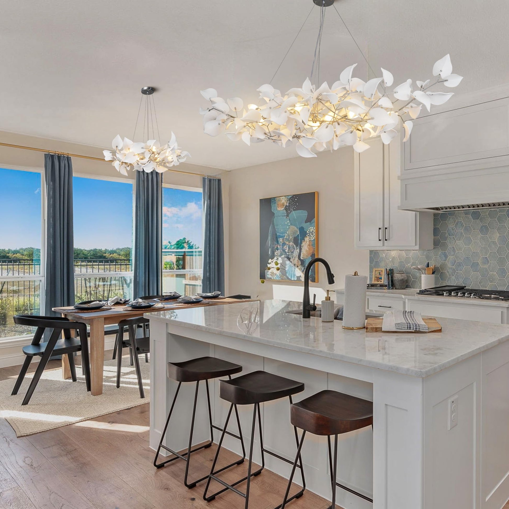 31.5" Silver Tree Branches Chandelier, Ceramic Ginkgo Leaf Chandelier, 6 - Light Modern Round Chandeliers Hanging Lighting Fixtures for Dining Room, Living Room Over Table, Kitchen, Foyer, Bedroom - Camilalamps - B0FFT4CNG8