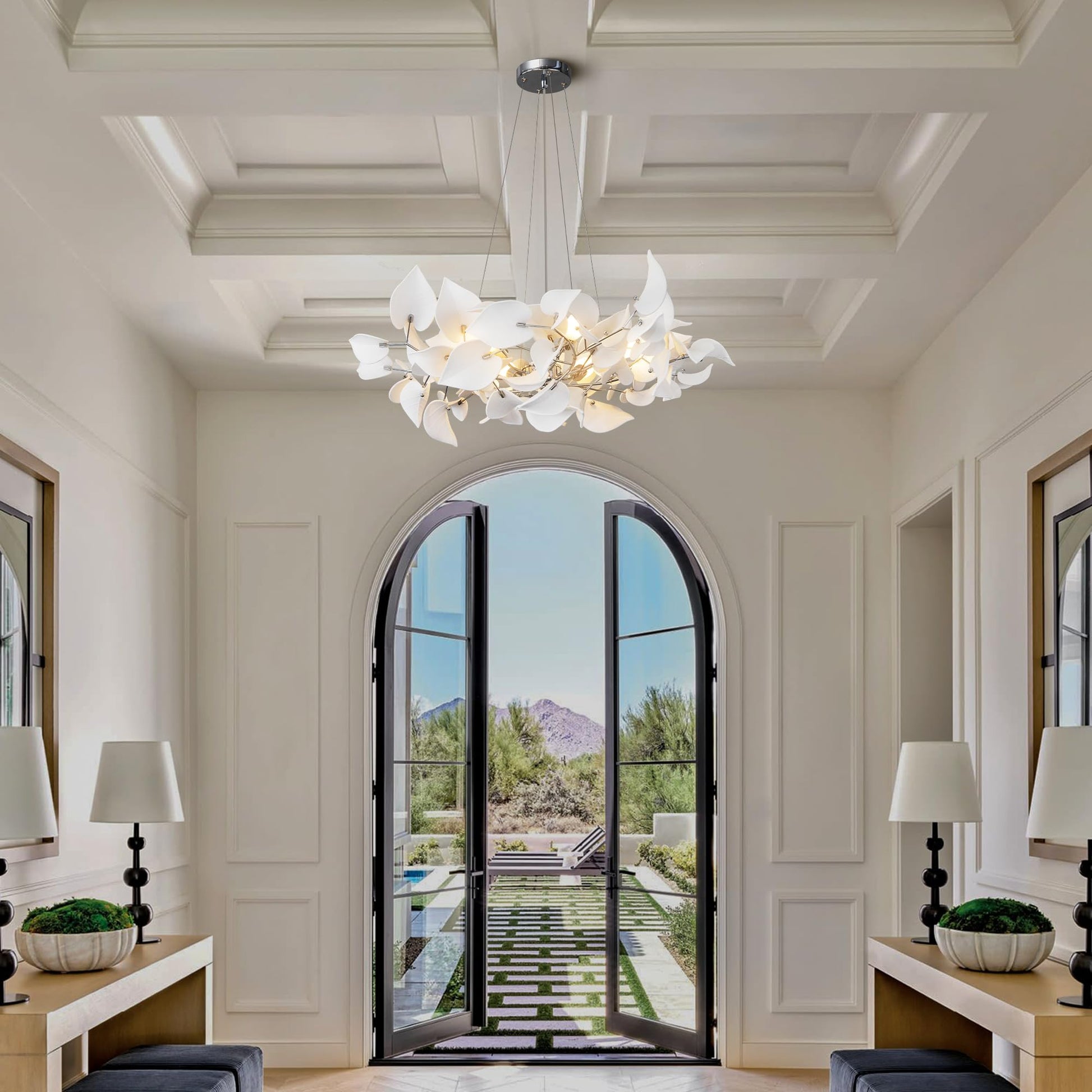 31.5" Silver Tree Branches Chandelier, Ceramic Ginkgo Leaf Chandelier, 6 - Light Modern Round Chandeliers Hanging Lighting Fixtures for Dining Room, Living Room Over Table, Kitchen, Foyer, Bedroom - Camilalamps - B0FFT4CNG8