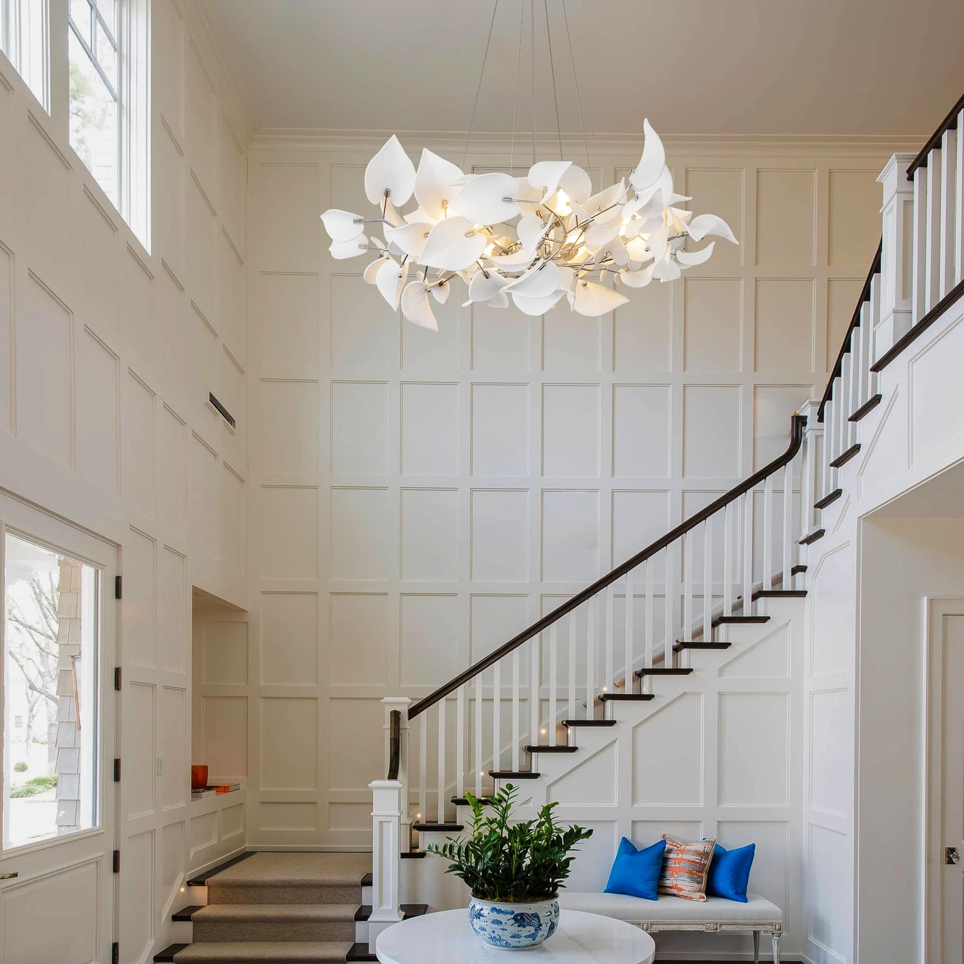 31.5" Silver Tree Branches Chandelier, Ceramic Ginkgo Leaf Chandelier, 6 - Light Modern Round Chandeliers Hanging Lighting Fixtures for Dining Room, Living Room Over Table, Kitchen, Foyer, Bedroom - Camilalamps - B0FFT4CNG8