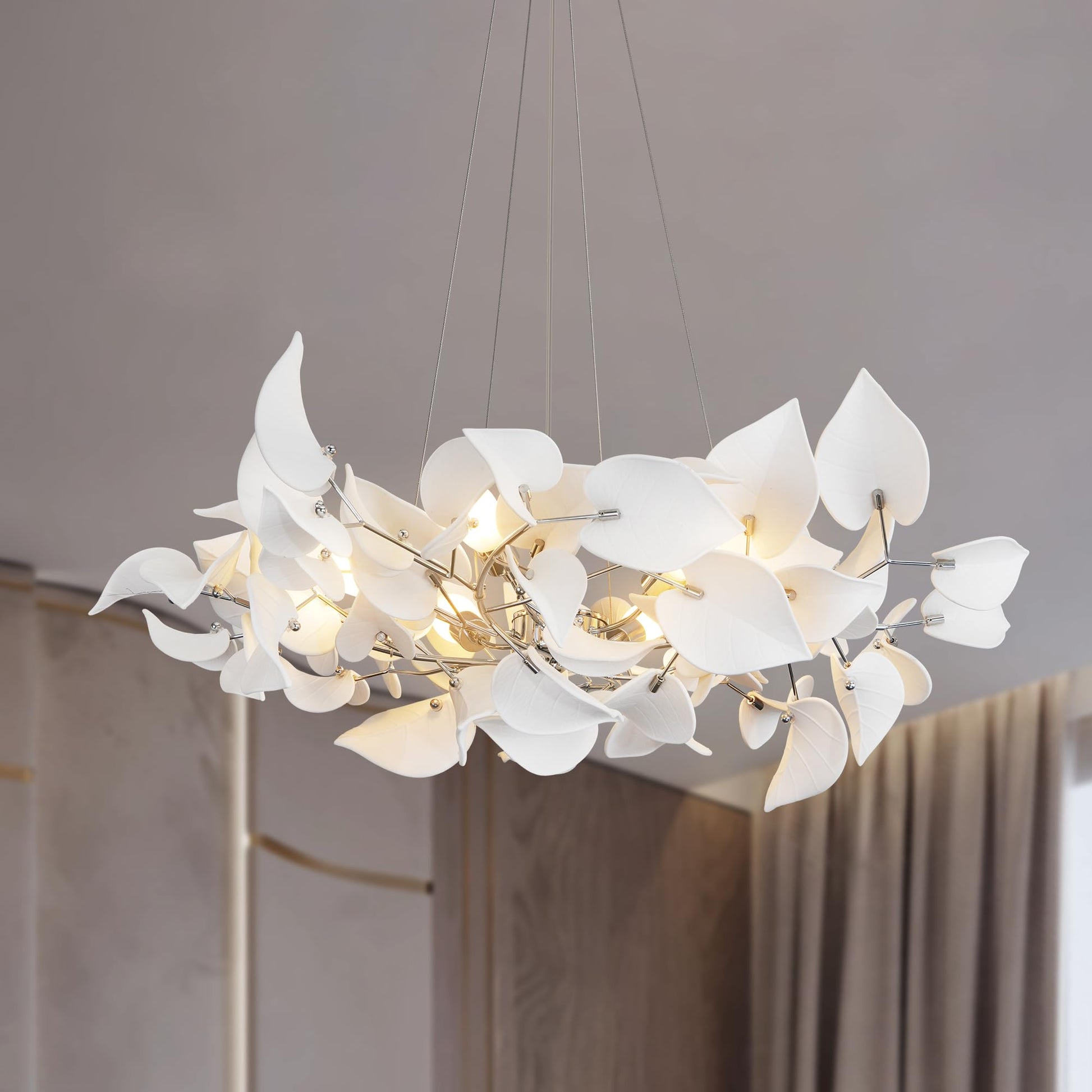 31.5" Silver Tree Branches Chandelier, Ceramic Ginkgo Leaf Chandelier, 6 - Light Modern Round Chandeliers Hanging Lighting Fixtures for Dining Room, Living Room Over Table, Kitchen, Foyer, Bedroom - Camilalamps - B0FFT8NXQQ