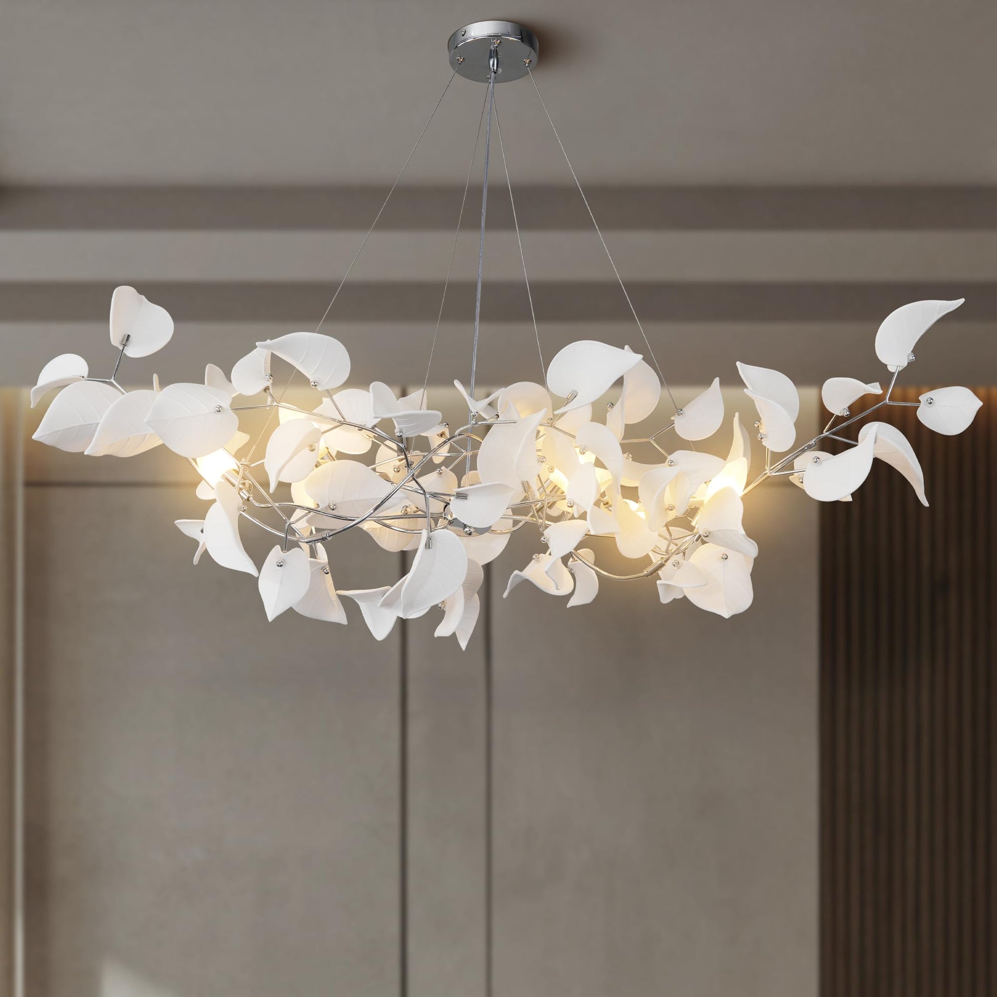 31.5" Silver Tree Branches Chandelier, Ceramic Ginkgo Leaf Chandelier, 6 - Light Modern Round Chandeliers Hanging Lighting Fixtures for Dining Room, Living Room Over Table, Kitchen, Foyer, Bedroom - Camilalamps - B0FFT4CNG8