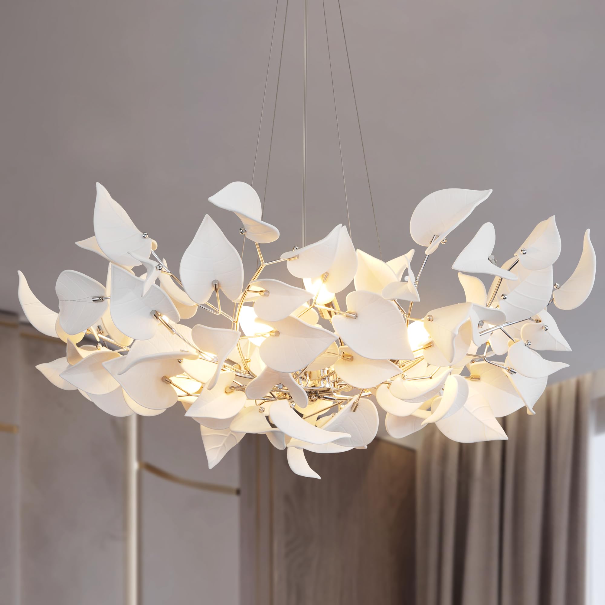 31.5" Silver Tree Branches Chandelier, Ceramic Ginkgo Leaf Chandelier, 6 - Light Modern Round Chandeliers Hanging Lighting Fixtures for Dining Room, Living Room Over Table, Kitchen, Foyer, Bedroom - Camilalamps - B0FFT871BF