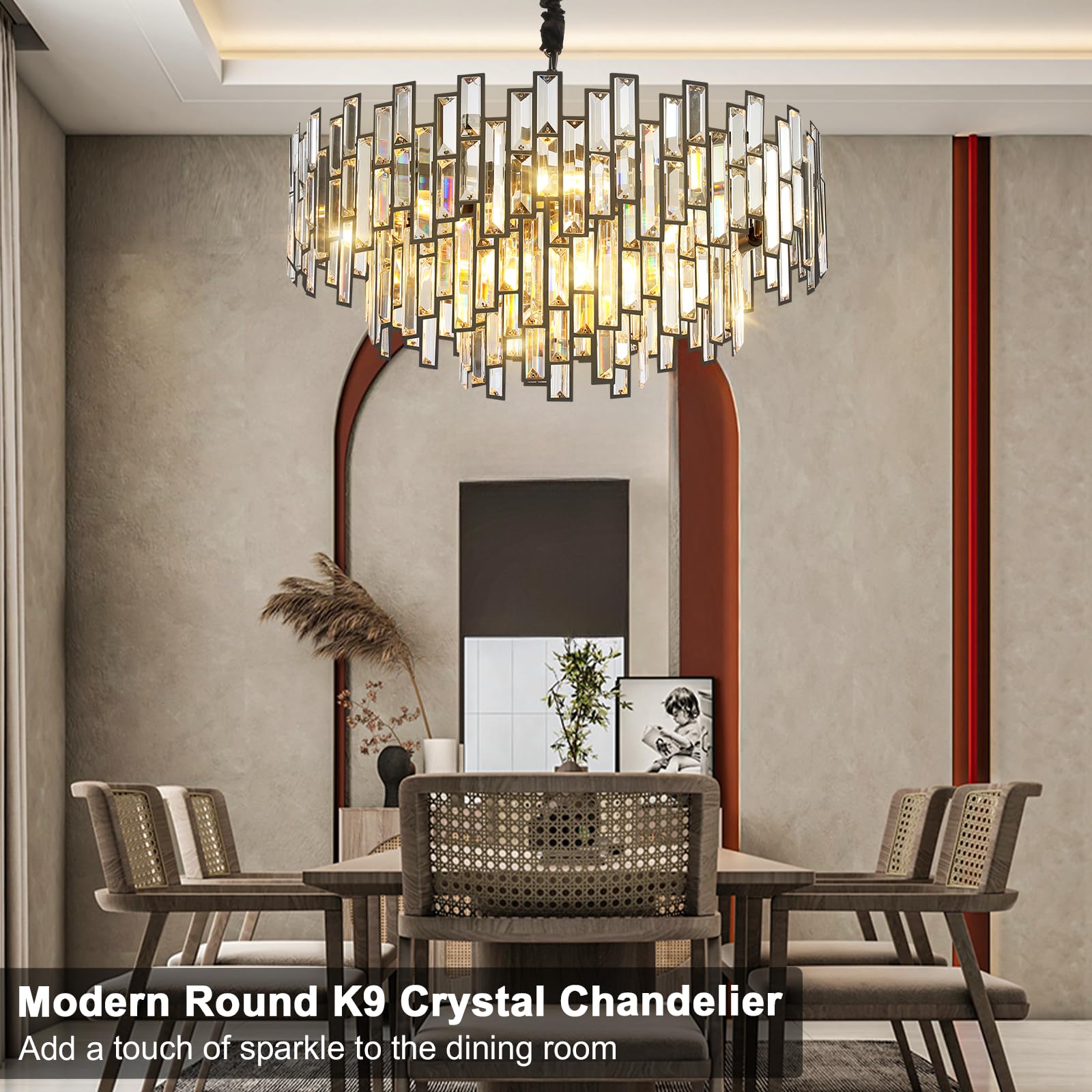 38.5'' Black Crystal Chandelier, 5 - Tier Modern Round K9 Crystal Pendant Light for High Ceilings, Large Hanging Chandelier Light Fixture for Entryway Foyer Stairway Hall Dining Living Room - Camilalamps - B0C8TBBM57