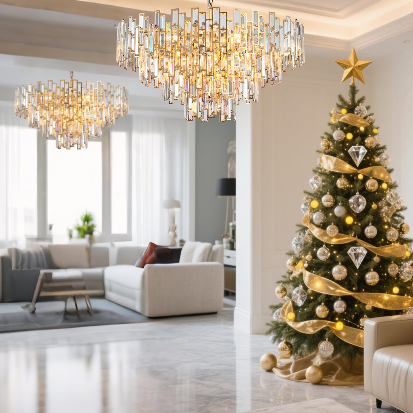 38.5'' Black Crystal Chandelier, 5 - Tier Modern Round K9 Crystal Pendant Light for High Ceilings, Large Hanging Chandelier Light Fixture for Entryway Foyer Stairway Hall Dining Living Room - Camilalamps - B0C8TBBM57