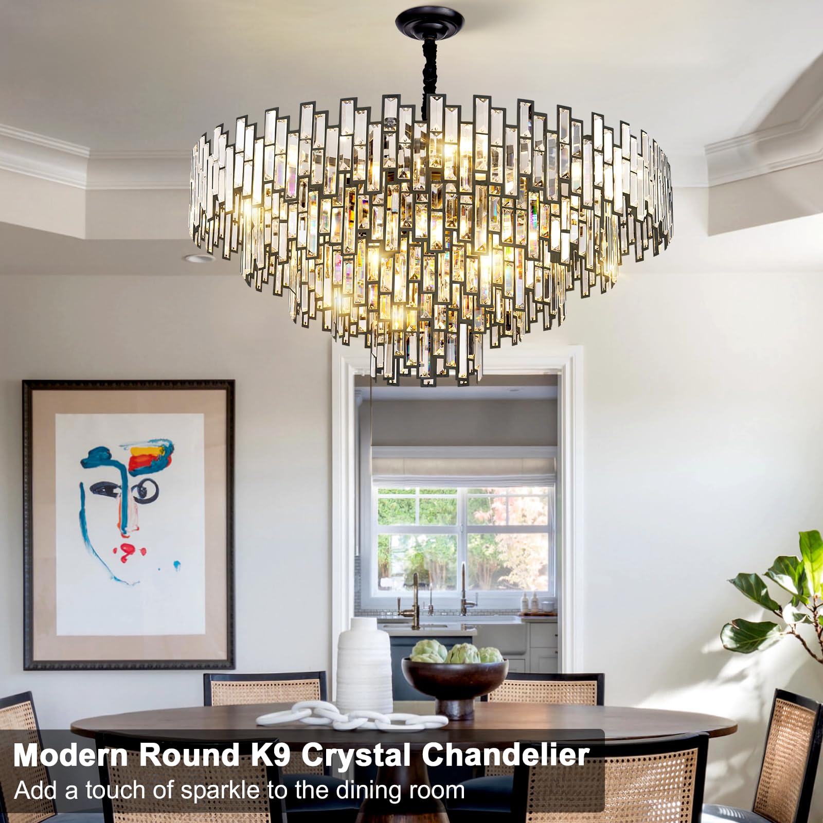 38.5'' Black Crystal Chandelier, 5 - Tier Modern Round K9 Crystal Pendant Light for High Ceilings, Large Hanging Chandelier Light Fixture for Entryway Foyer Stairway Hall Dining Living Room - Camilalamps - B0C8TBBM57