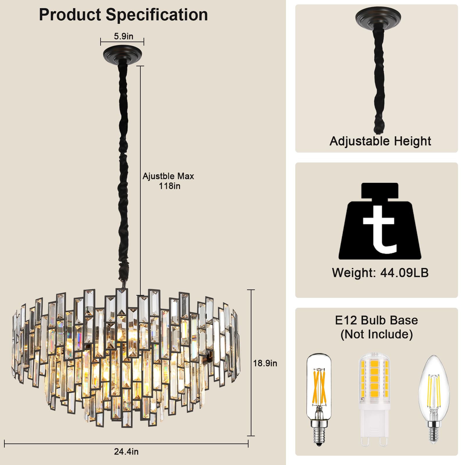 38.5'' Black Crystal Chandelier, 5 - Tier Modern Round K9 Crystal Pendant Light for High Ceilings, Large Hanging Chandelier Light Fixture for Entryway Foyer Stairway Hall Dining Living Room - Camilalamps - B0C8TBBM57