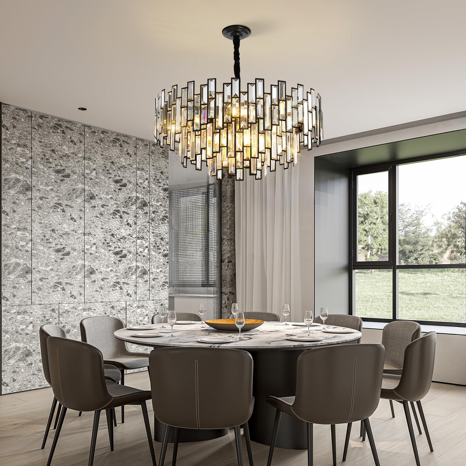 38.5'' Black Crystal Chandelier, 5 - Tier Modern Round K9 Crystal Pendant Light for High Ceilings, Large Hanging Chandelier Light Fixture for Entryway Foyer Stairway Hall Dining Living Room - Camilalamps - B0C8TBBK4P