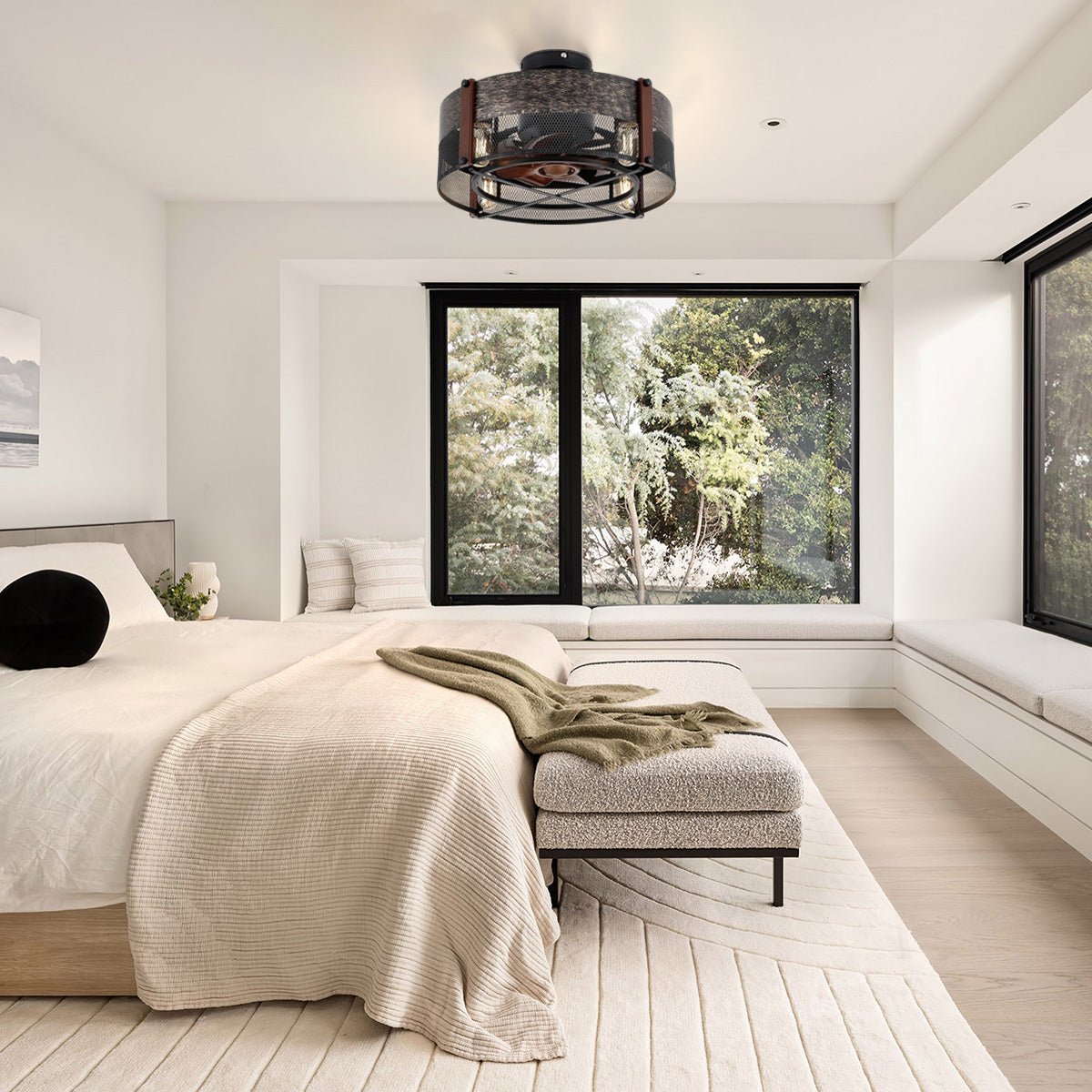 Caged Ceiling Fan with Light and Remote Black Bladeless Reversible Low Profile 19" - Camilalamps - CA - Caged - Fan