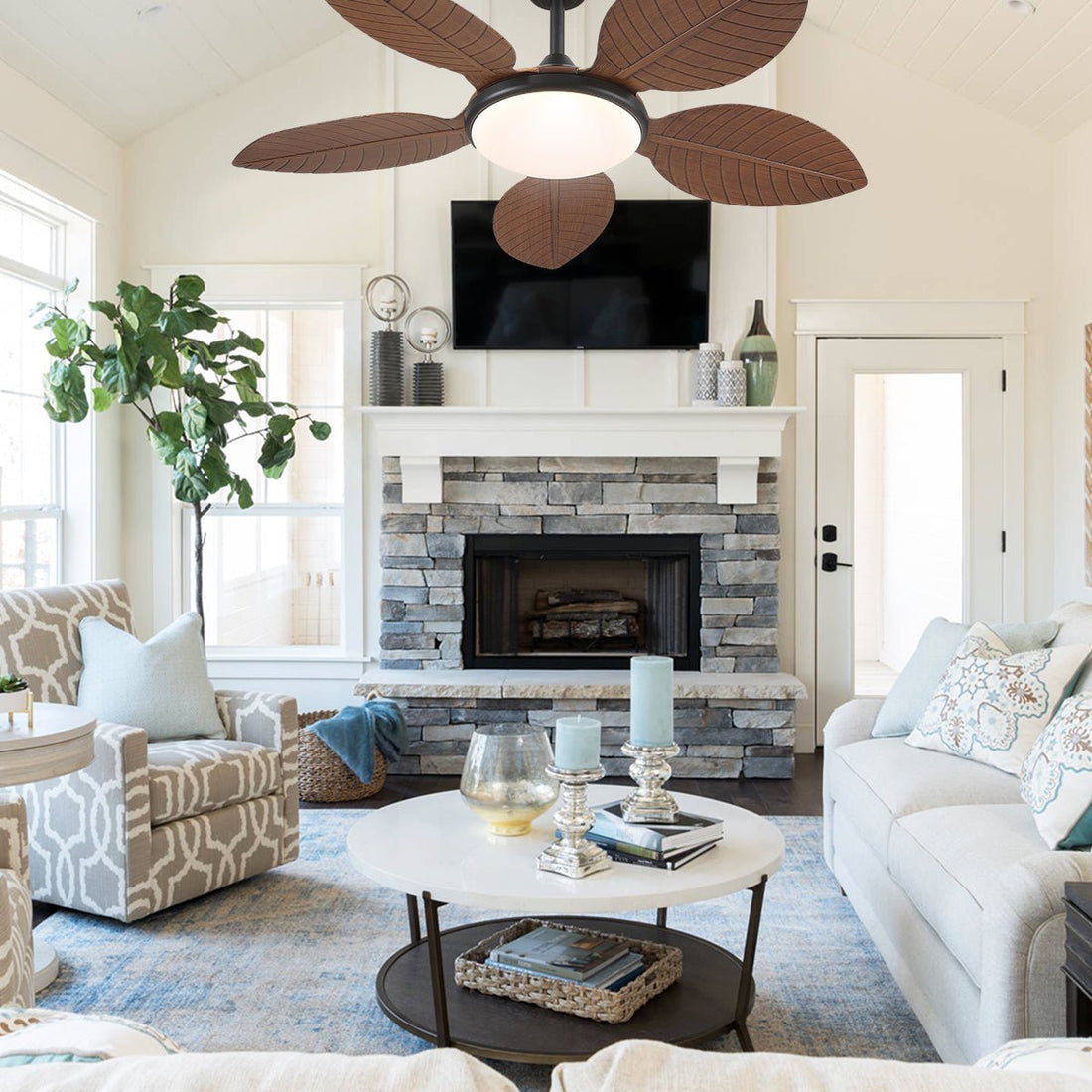 Ceiling Fan Palm Leaf Ceiling Fan 6 Speeds Reversible Ceiling Fans with Lights 48" - Camilalamps - CA - CFWL - 004