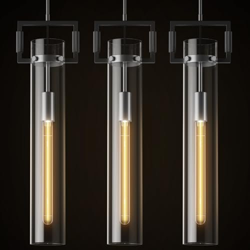 Modern Large Black Pendant Light Fixture Set of 2 - 21.6 Inch Adjustable Hanging Chandelier with Glass Shade & Brass Finish, Farmhouse Island Lighting for Kitchen, Dining Room, Bathroom - Camilalamps - CA-B0FGJ75LZ1