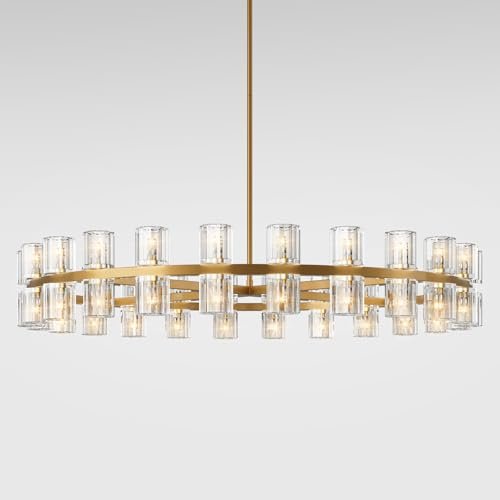 Gold Wagon Wheel Chandelier 60" Crystal Shade, 60 Lights, Farmhouse - Camilalamps - CA-B0DN92Y9L8