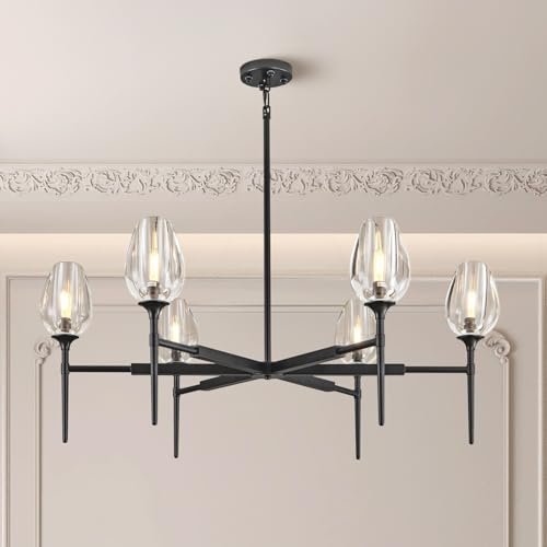 Modern Black Crystal Chandelier 6 Lights 42in Round K9 Tulip Pendant - Camilalamps - CA-B0DD44R37T