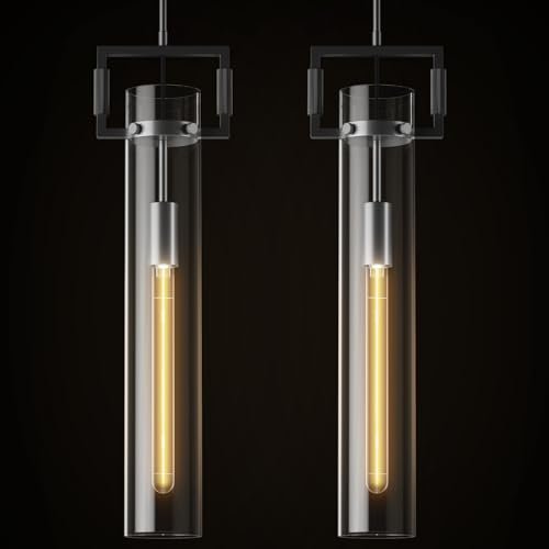 Modern Large Black Pendant Light Fixture Set of 2 - 21.6 Inch Adjustable Hanging Chandelier with Glass Shade & Brass Finish, Farmhouse Island Lighting for Kitchen, Dining Room, Bathroom - Camilalamps - CA-B0FGJ75LZ1