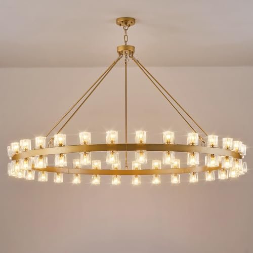 Gold Wagon Wheel Chandelier 60" Crystal Shade, 60 Lights, Farmhouse - Camilalamps - CA-B0DN92Y9L8