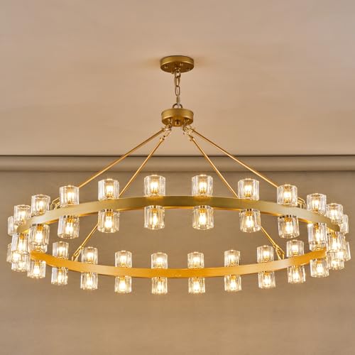 Gold Wagon Wheel Chandelier 60" Crystal Shade, 60 Lights, Farmhouse - Camilalamps - CA-B0DN92Y9L8