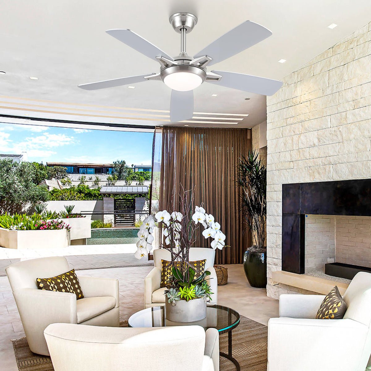Modern Ceiling Fans with Lights 6 Speeds Reversible Dual Finish Wooden Blades 52" - Camilalamps - CA - CFWL - 016