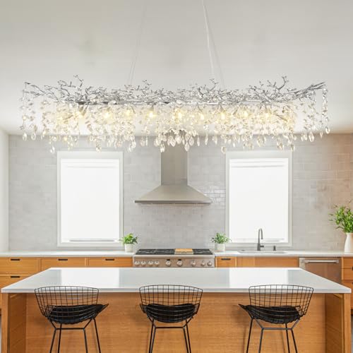 Crystal Chandeliers for Dining Room, 63" Modern Gold Tree Branch Chandelier, 15-Lights Luxury Rectangular Raindrop Chandelier Light Fixture for Kitchen Island, Living Room, Foyer, High Ceiling