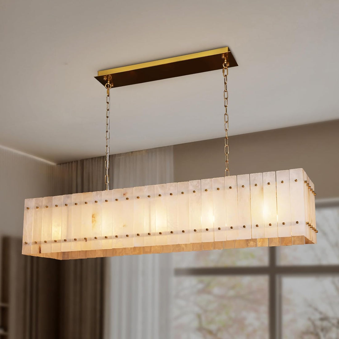 53.4" Rectangle Alabaster Chandelier, Modern Dining Room Chandeliers, 10 - Light Marble Hanging Pendant Dining Light Fixture for Kitchen Island, Living Room, Bedroom, Foyer, Entryway - Camilalamps - B0FD32G5K6