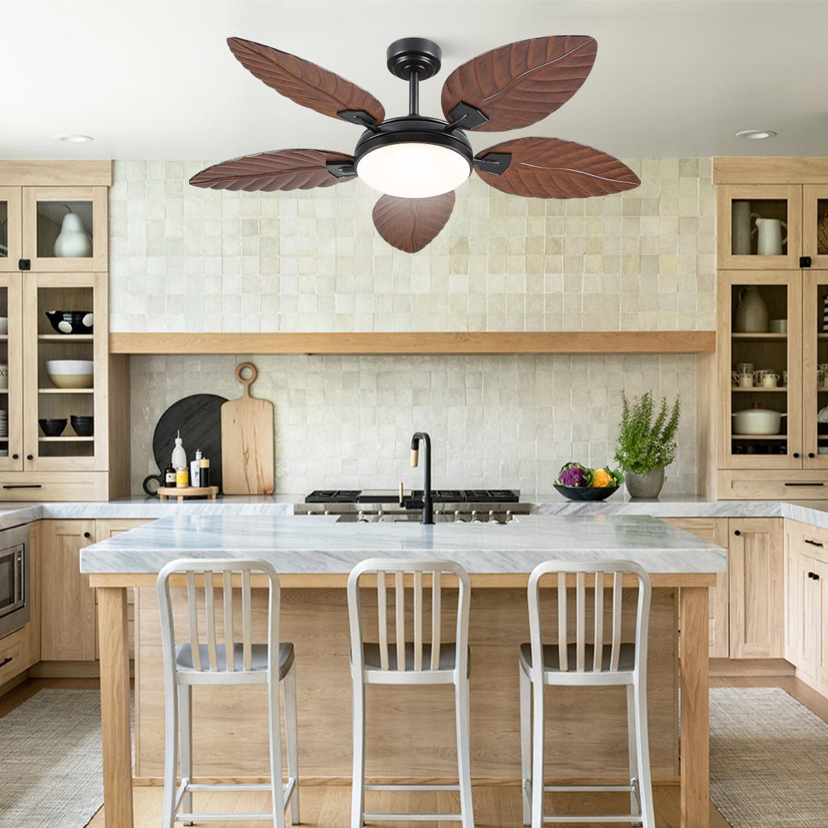 Palm Leaf Ceiling Fans with Lights Tropical Ceiling Fans 6 Speeds Reversible Wood Grain 52" - Camilalamps - CA - CFWL - 007