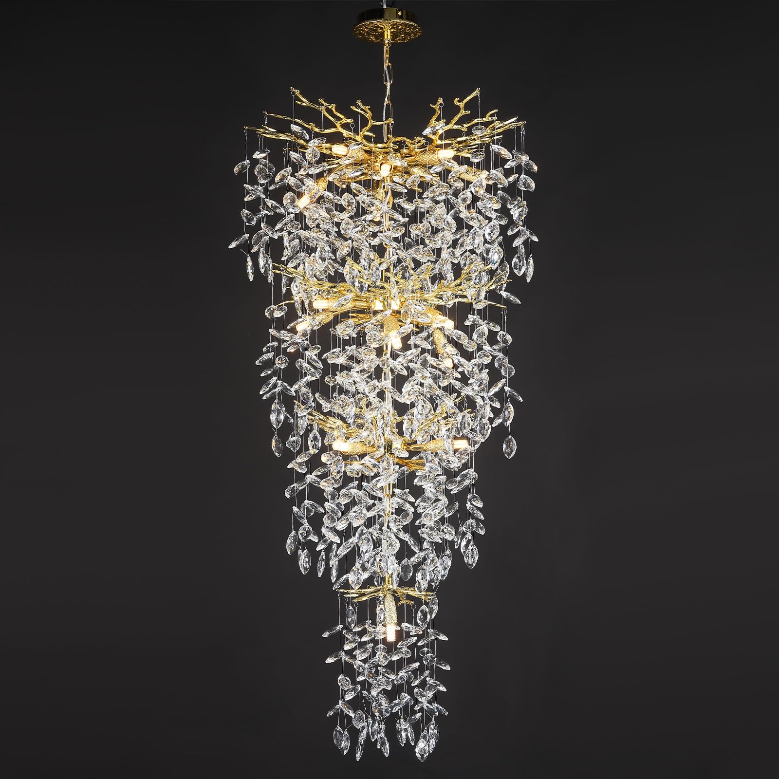 60" Modern Gold Crystal Tree Branch Chandelier, 16 - Light Rectangular Chandeliers for Dining Room, Kitchen Island, Living Room, Luxury K9 Crystal Raindrop Light Fixture - Camilalamps - B0DCN3M7TK
