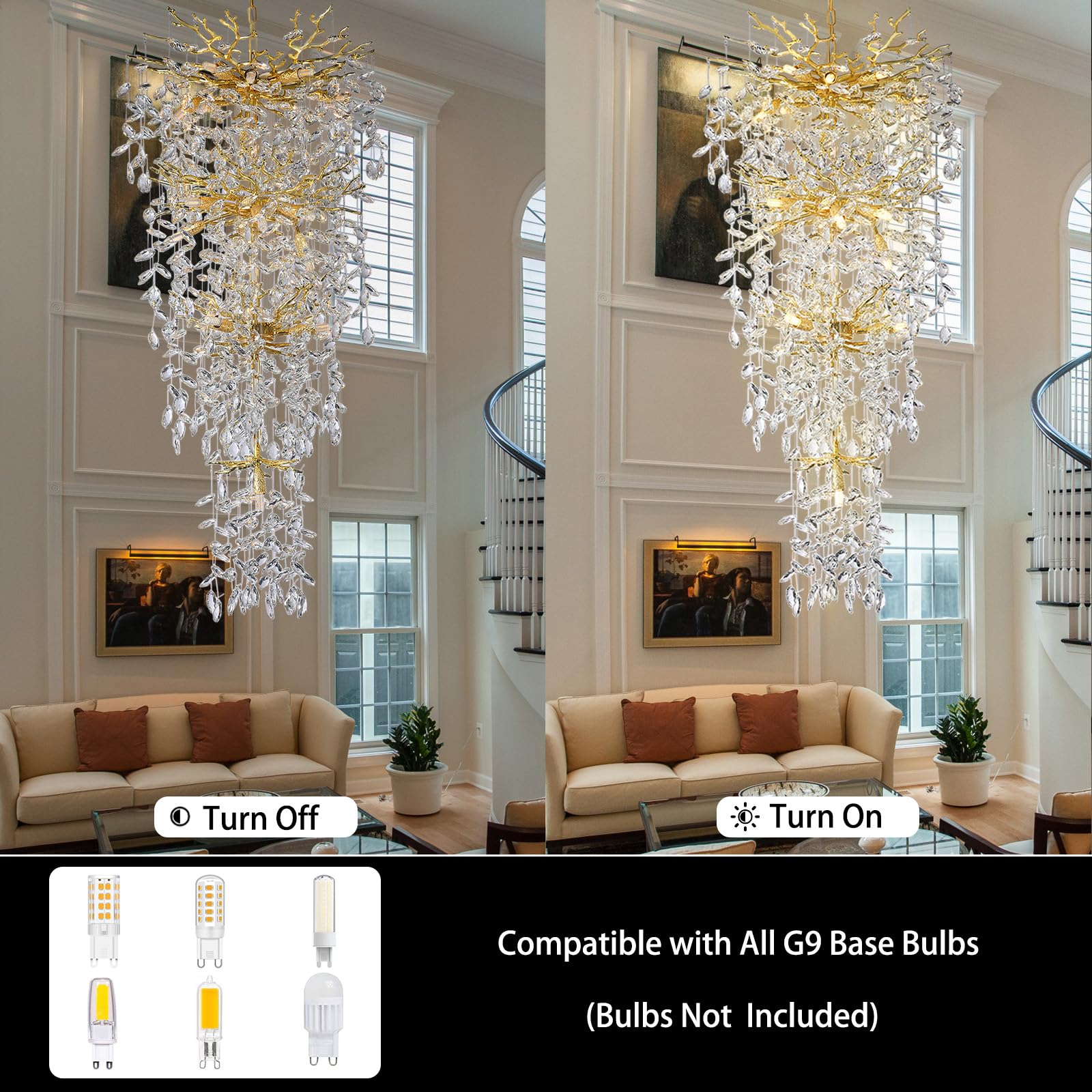 60" Modern Gold Crystal Tree Branch Chandelier, 16 - Light Rectangular Chandeliers for Dining Room, Kitchen Island, Living Room, Luxury K9 Crystal Raindrop Light Fixture - Camilalamps - B0FC6PCBZ1
