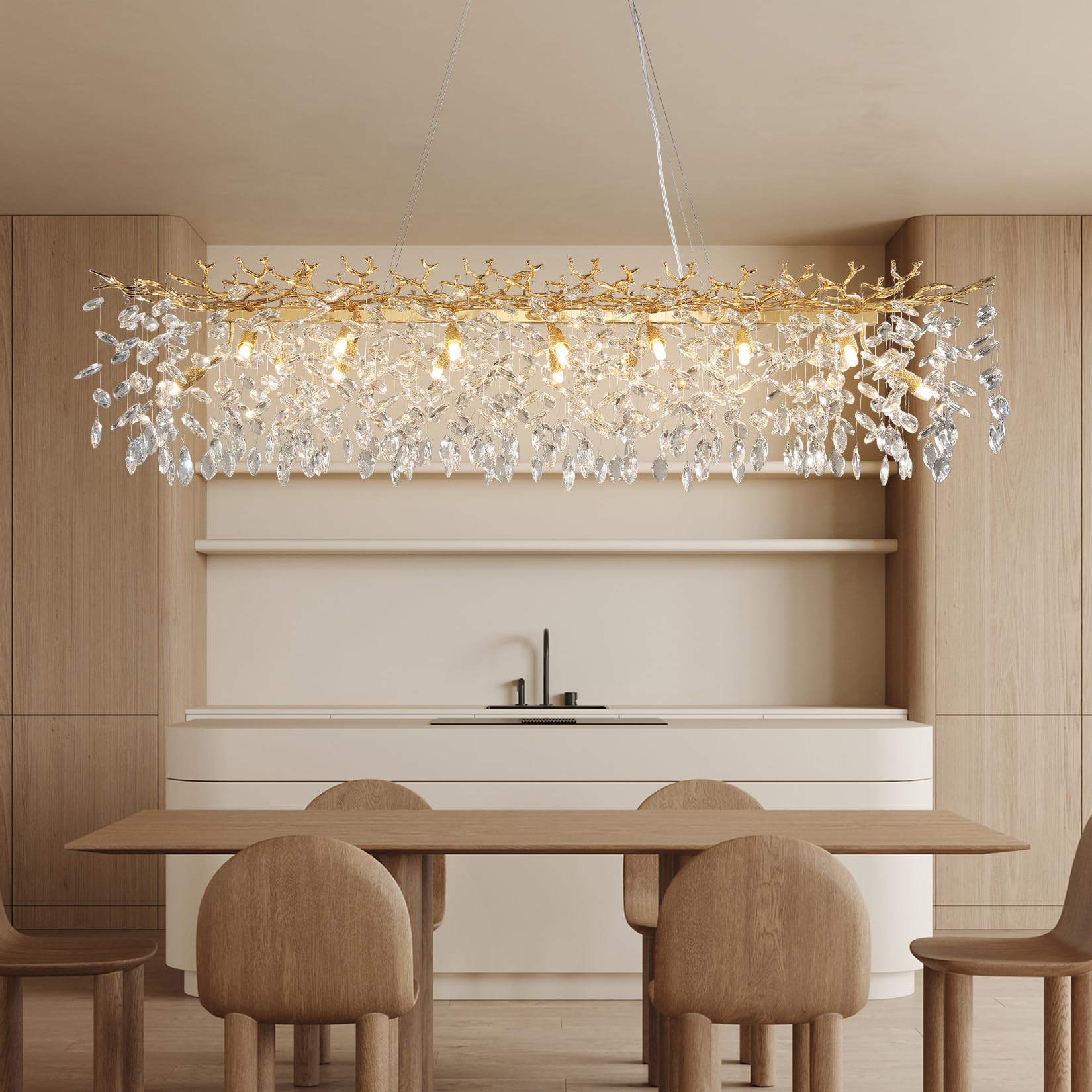 60" Modern Gold Crystal Tree Branch Chandelier, 16 - Light Rectangular Chandeliers for Dining Room, Kitchen Island, Living Room, Luxury K9 Crystal Raindrop Light Fixture - Camilalamps - B0C81BG437