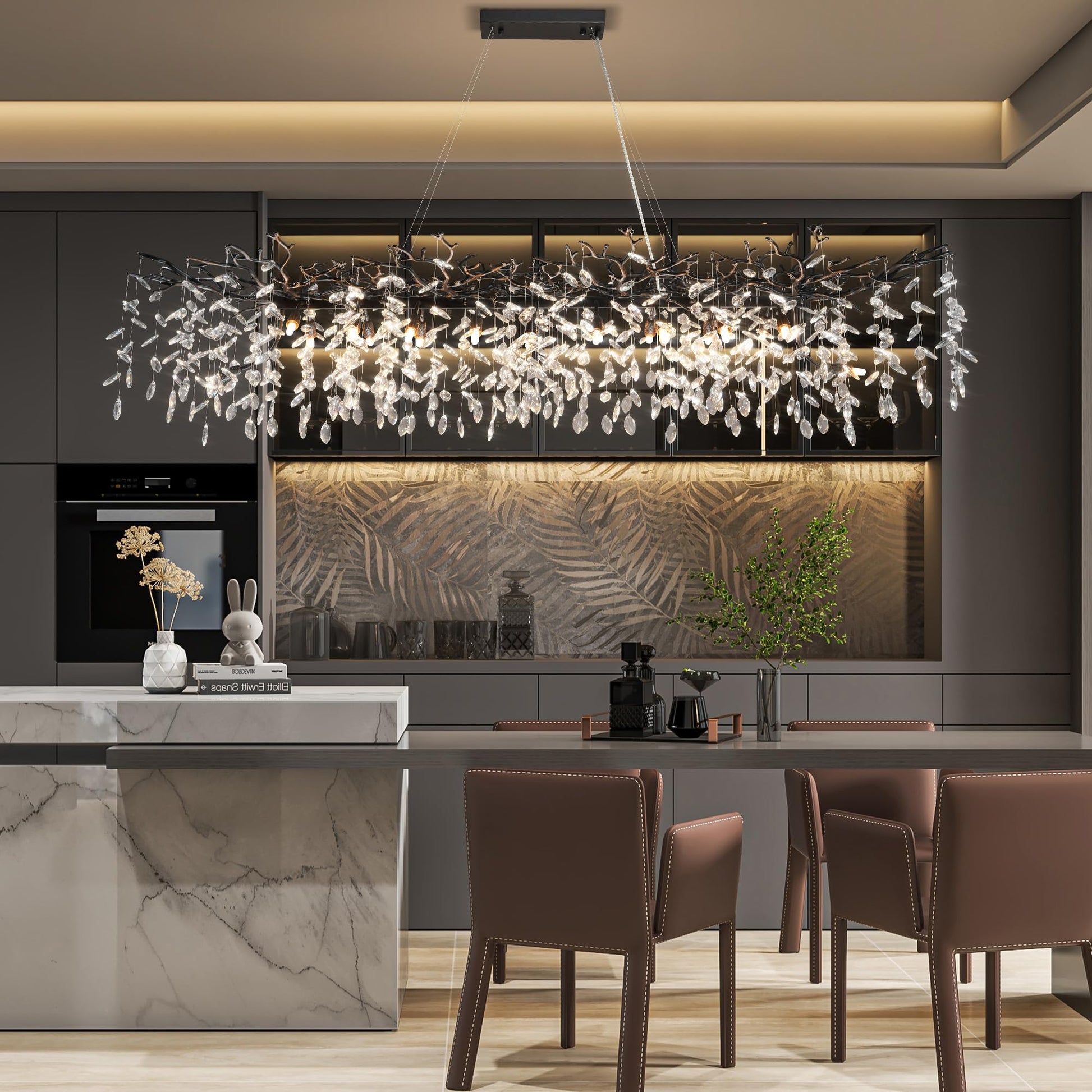 60" Modern Gold Crystal Tree Branch Chandelier, 16 - Light Rectangular Chandeliers for Dining Room, Kitchen Island, Living Room, Luxury K9 Crystal Raindrop Light Fixture - Camilalamps - B0FC2NMXJD