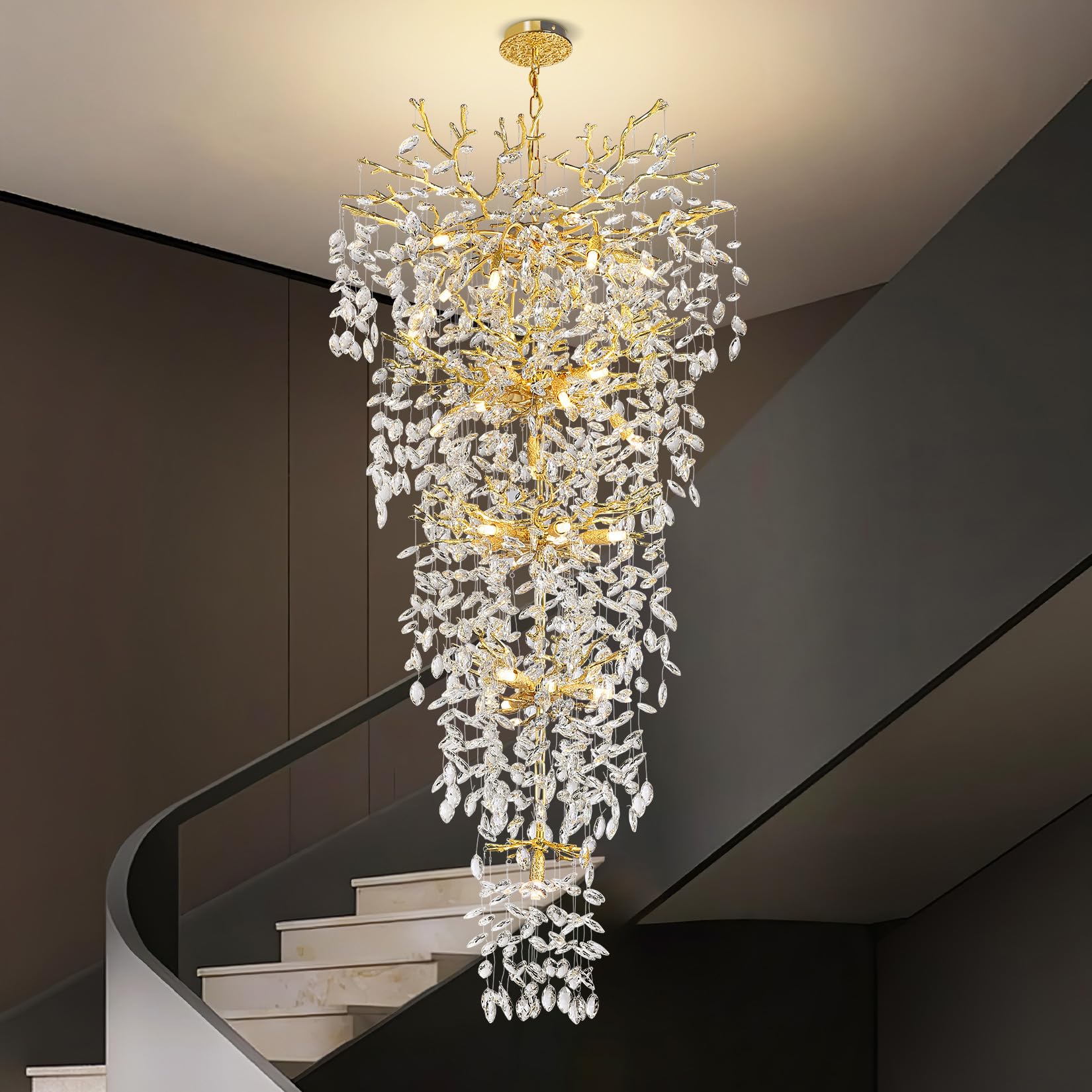 60" Modern Gold Crystal Tree Branch Chandelier, 16 - Light Rectangular Chandeliers for Dining Room, Kitchen Island, Living Room, Luxury K9 Crystal Raindrop Light Fixture - Camilalamps - B0CP99JHWV