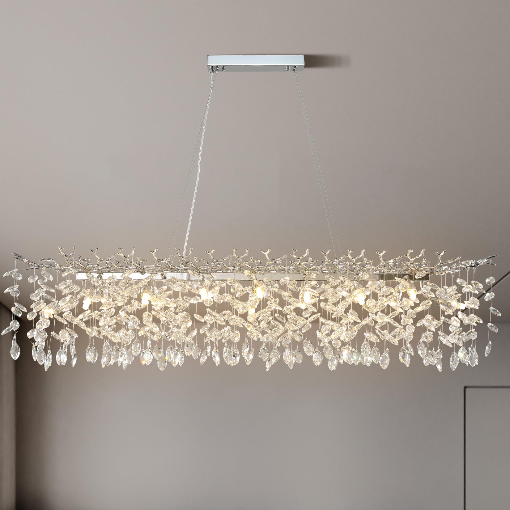 60" Modern Gold Crystal Tree Branch Chandelier, 16 - Light Rectangular Chandeliers for Dining Room, Kitchen Island, Living Room, Luxury K9 Crystal Raindrop Light Fixture - Camilalamps - B0C81C4MFG