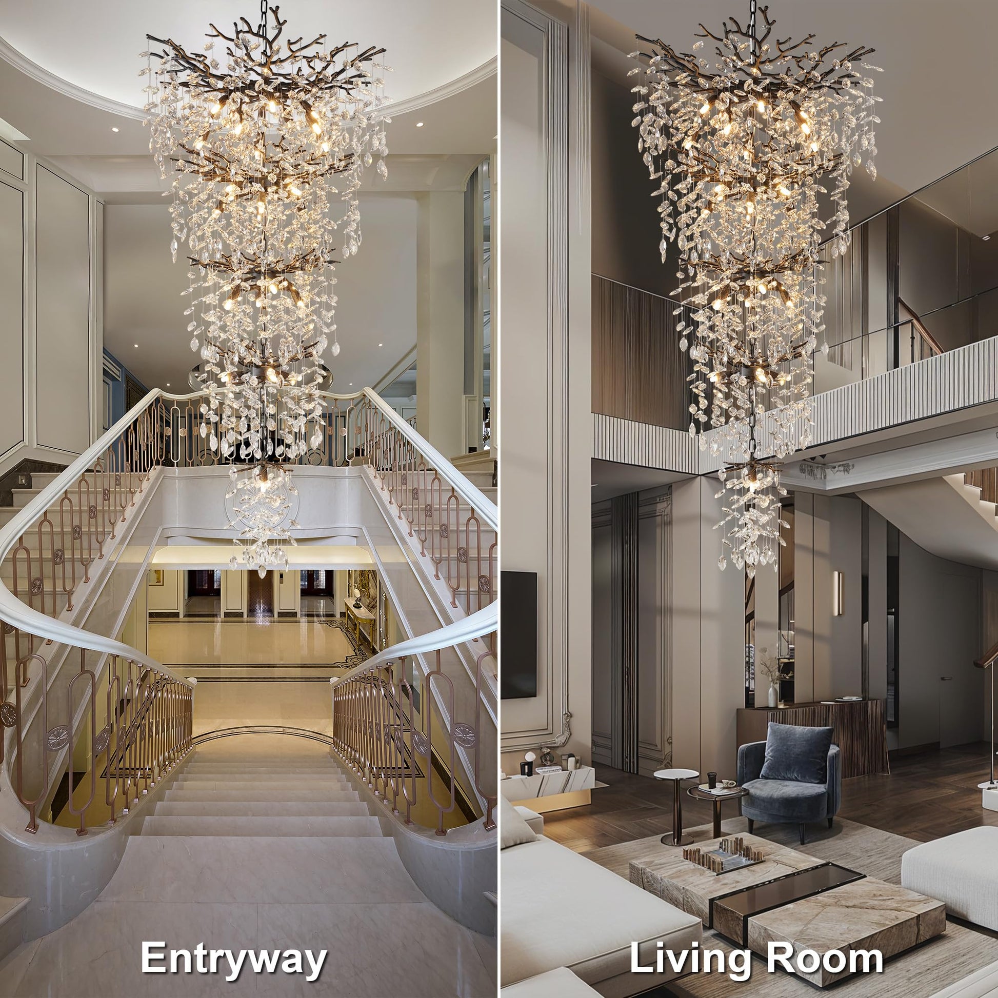 60" Modern Gold Crystal Tree Branch Chandelier, 16 - Light Rectangular Chandeliers for Dining Room, Kitchen Island, Living Room, Luxury K9 Crystal Raindrop Light Fixture - Camilalamps - B0FC6PCBZ1