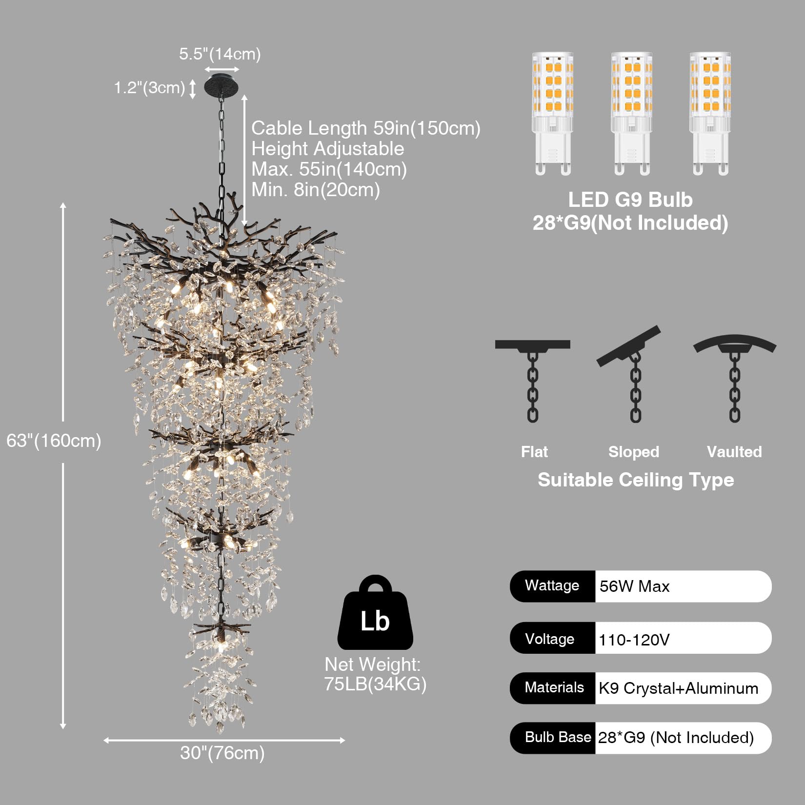 60" Modern Gold Crystal Tree Branch Chandelier, 16 - Light Rectangular Chandeliers for Dining Room, Kitchen Island, Living Room, Luxury K9 Crystal Raindrop Light Fixture - Camilalamps - B0FC6PCBZ1