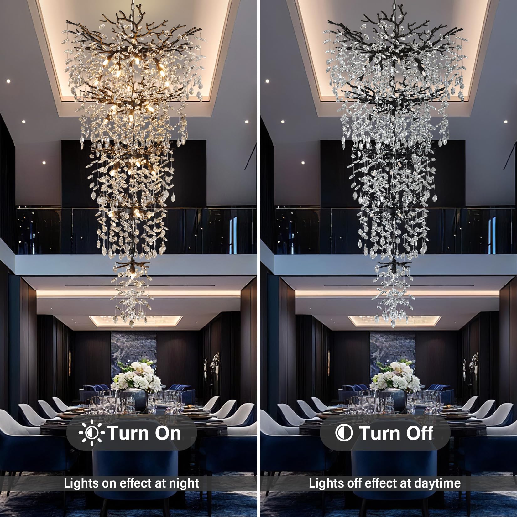 60" Modern Gold Crystal Tree Branch Chandelier, 16 - Light Rectangular Chandeliers for Dining Room, Kitchen Island, Living Room, Luxury K9 Crystal Raindrop Light Fixture - Camilalamps - B0FC6PCBZ1