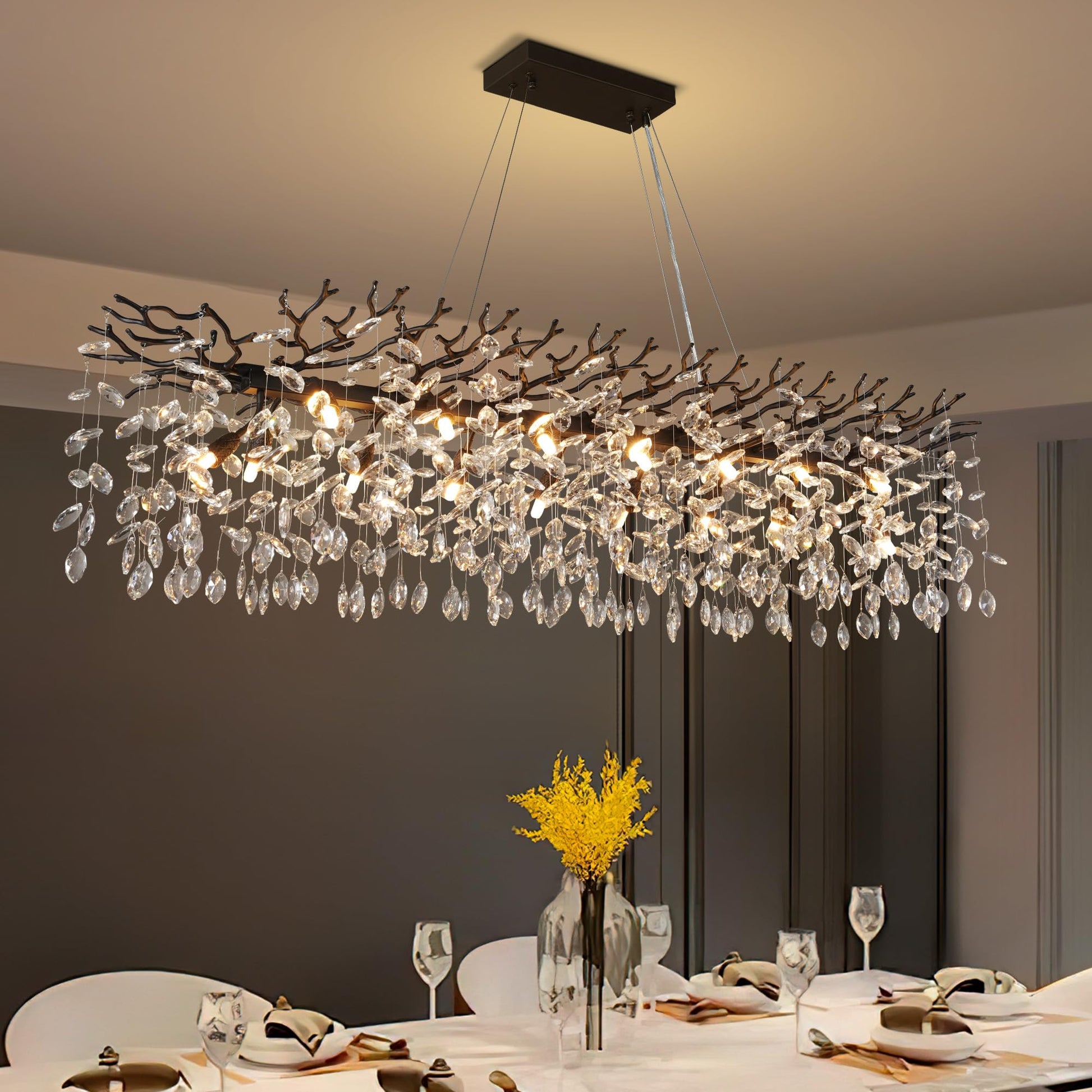 60" Modern Gold Crystal Tree Branch Chandelier, 16 - Light Rectangular Chandeliers for Dining Room, Kitchen Island, Living Room, Luxury K9 Crystal Raindrop Light Fixture - Camilalamps - B0DYHJMQ6F