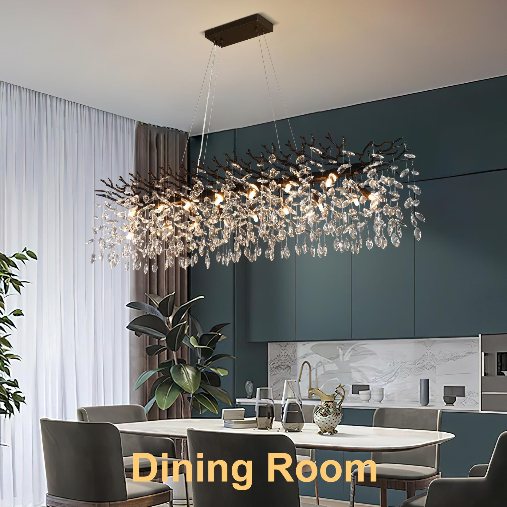 60" Modern Gold Crystal Tree Branch Chandelier, 16 - Light Rectangular Chandeliers for Dining Room, Kitchen Island, Living Room, Luxury K9 Crystal Raindrop Light Fixture - Camilalamps - B0FC6PCBZ1
