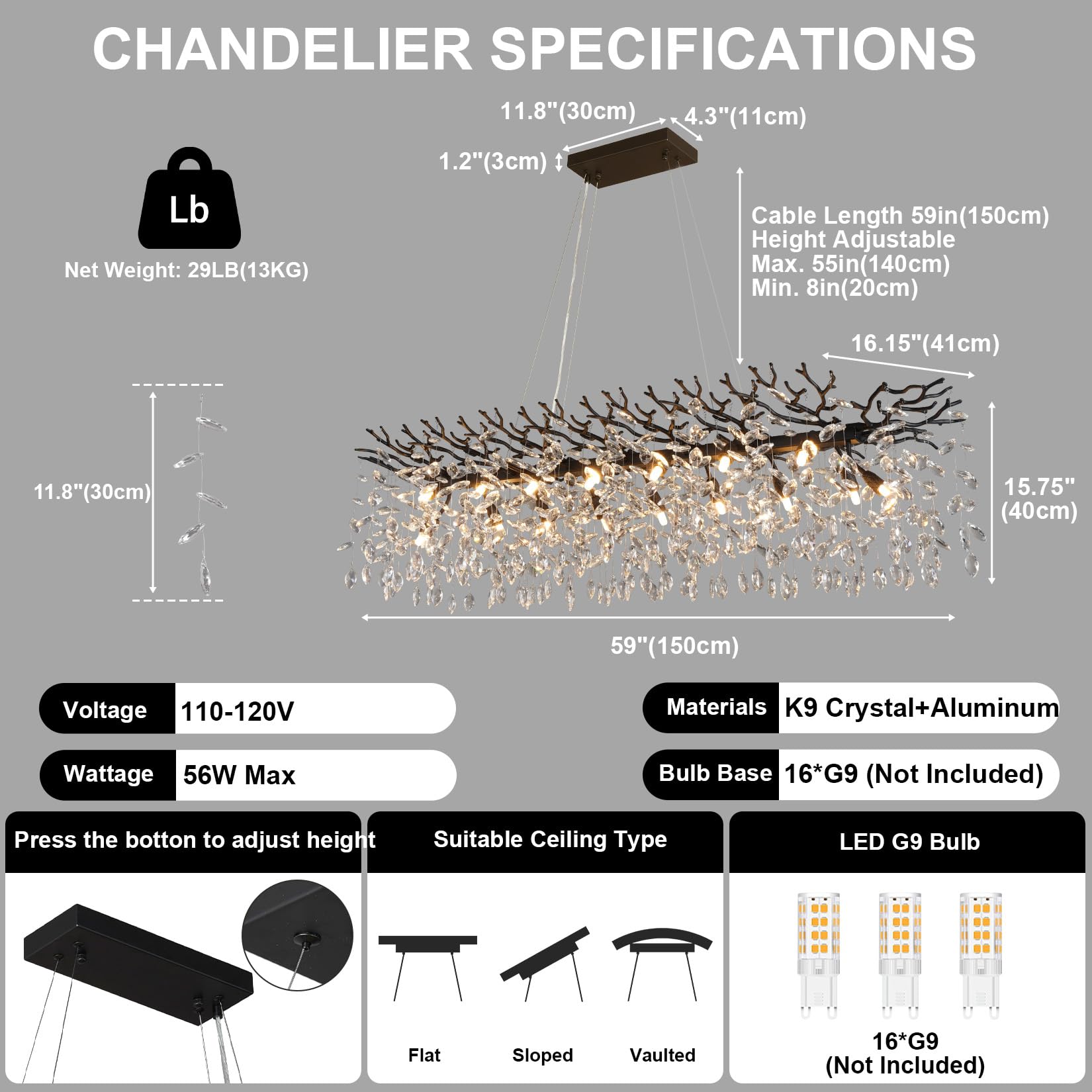 60" Modern Gold Crystal Tree Branch Chandelier, 16 - Light Rectangular Chandeliers for Dining Room, Kitchen Island, Living Room, Luxury K9 Crystal Raindrop Light Fixture - Camilalamps - B0FC6PCBZ1