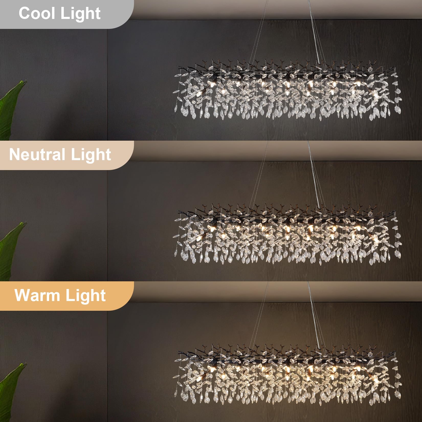 60" Modern Gold Crystal Tree Branch Chandelier, 16 - Light Rectangular Chandeliers for Dining Room, Kitchen Island, Living Room, Luxury K9 Crystal Raindrop Light Fixture - Camilalamps - B0FC6PCBZ1