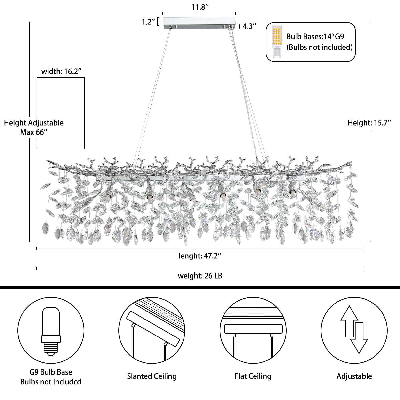 60" Modern Gold Crystal Tree Branch Chandelier, 16 - Light Rectangular Chandeliers for Dining Room, Kitchen Island, Living Room, Luxury K9 Crystal Raindrop Light Fixture - Camilalamps - B0FC6PCBZ1