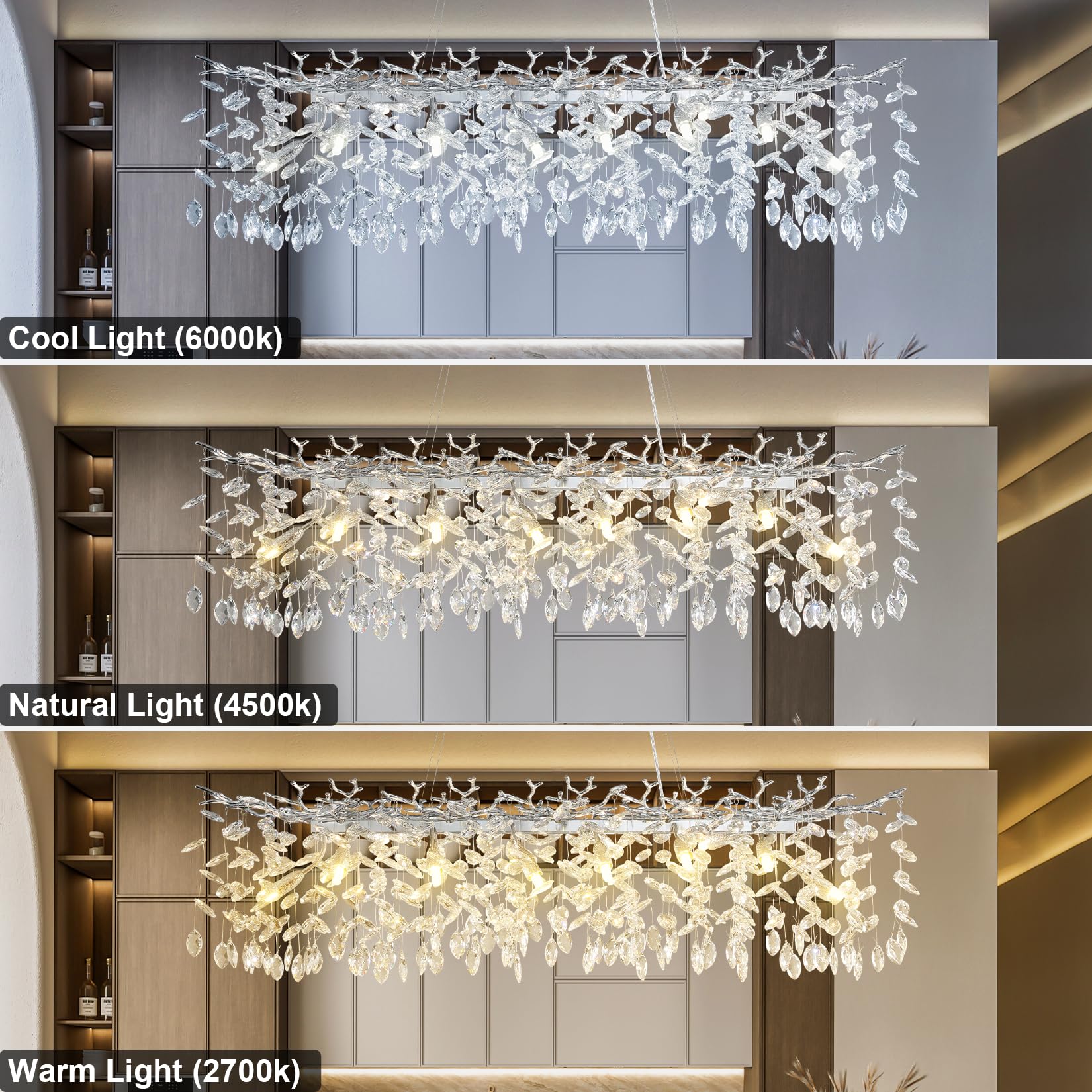 60" Modern Gold Crystal Tree Branch Chandelier, 16 - Light Rectangular Chandeliers for Dining Room, Kitchen Island, Living Room, Luxury K9 Crystal Raindrop Light Fixture - Camilalamps - B0FC6PCBZ1