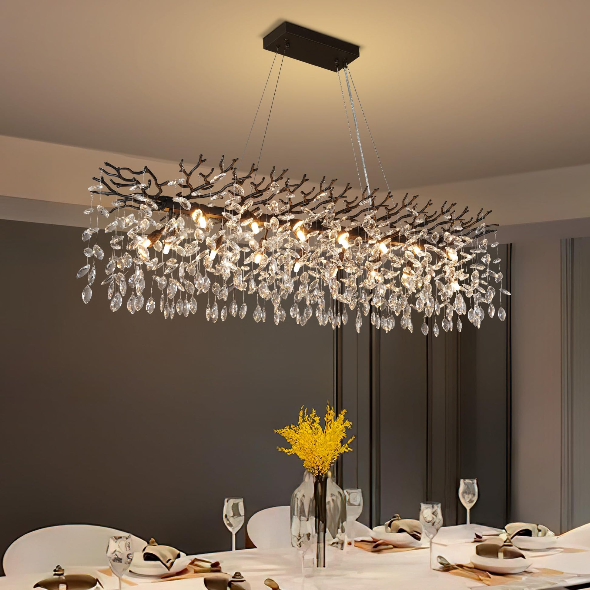 60" Modern Gold Crystal Tree Branch Chandelier, 16 - Light Rectangular Chandeliers for Dining Room, Kitchen Island, Living Room, Luxury K9 Crystal Raindrop Light Fixture - Camilalamps - B0FC2NC8YV
