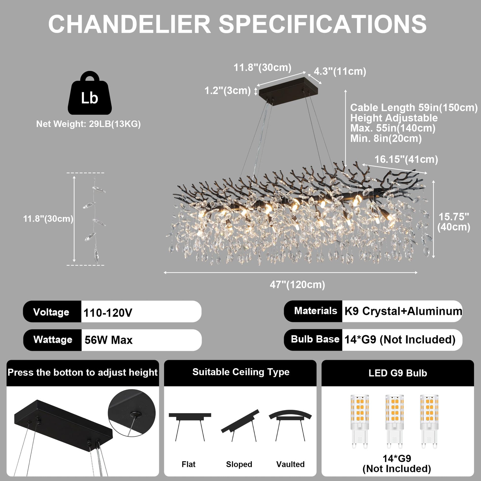 60" Modern Gold Crystal Tree Branch Chandelier, 16 - Light Rectangular Chandeliers for Dining Room, Kitchen Island, Living Room, Luxury K9 Crystal Raindrop Light Fixture - Camilalamps - B0FC6PCBZ1