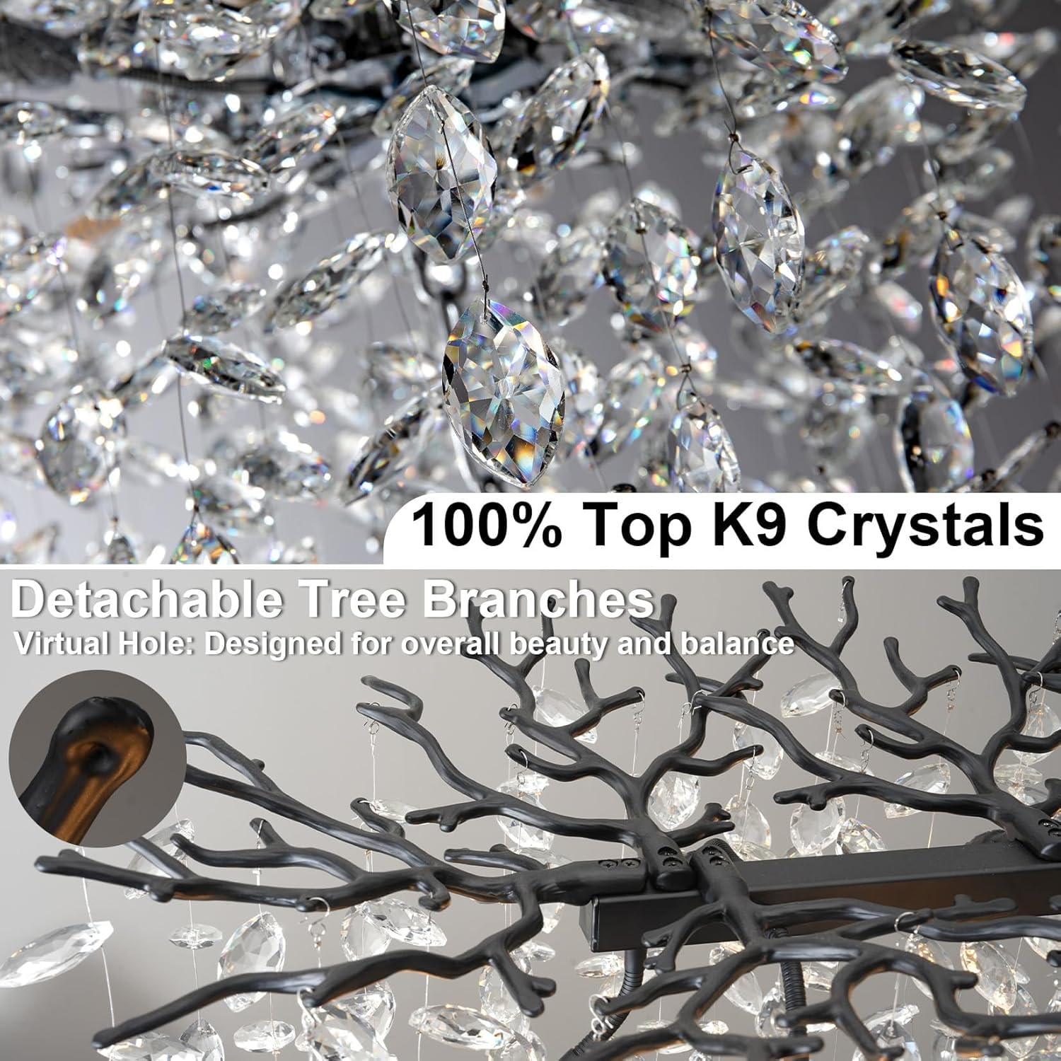 60" Modern Gold Crystal Tree Branch Chandelier, 16 - Light Rectangular Chandeliers for Dining Room, Kitchen Island, Living Room, Luxury K9 Crystal Raindrop Light Fixture - Camilalamps - B0FC6PCBZ1