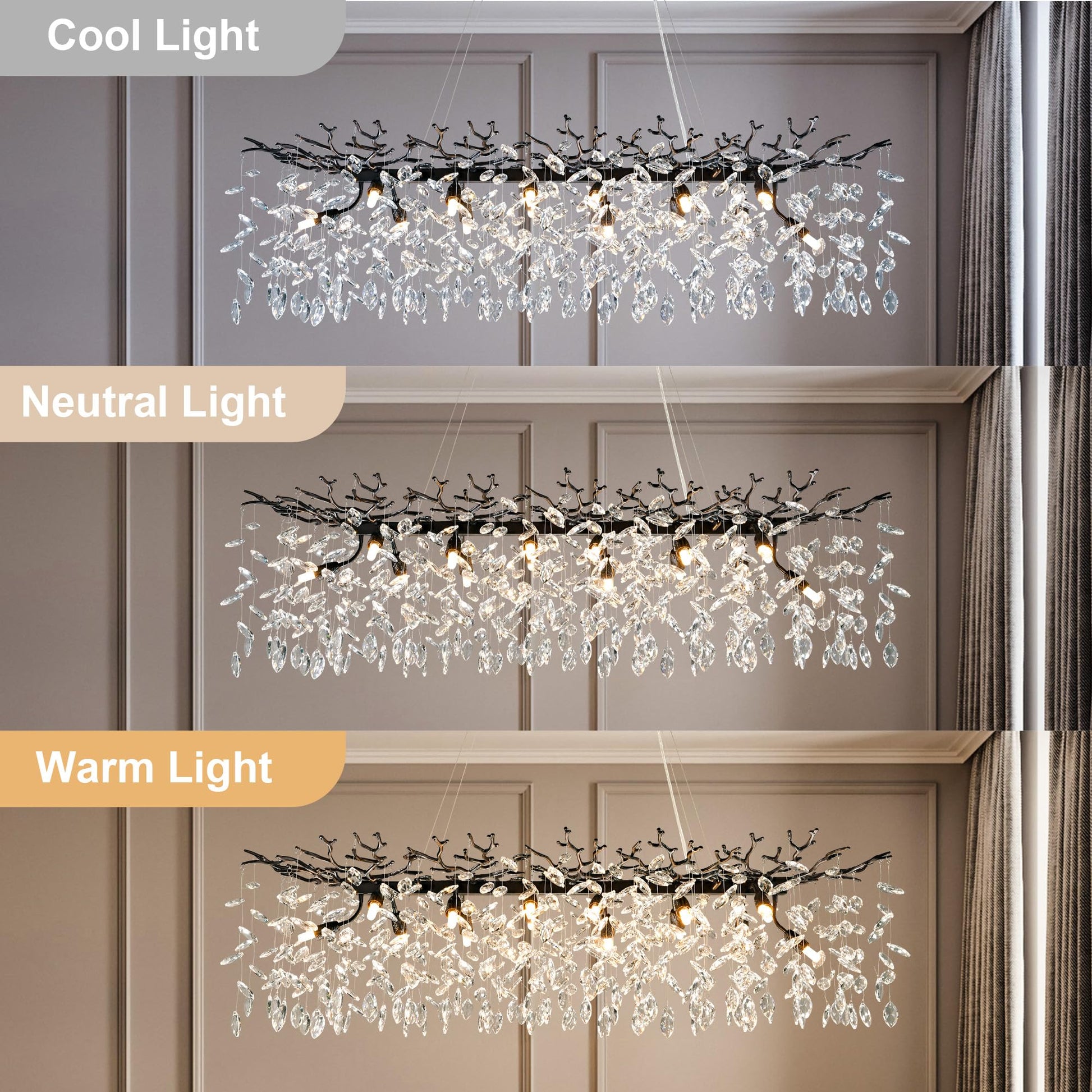 60" Modern Gold Crystal Tree Branch Chandelier, 16 - Light Rectangular Chandeliers for Dining Room, Kitchen Island, Living Room, Luxury K9 Crystal Raindrop Light Fixture - Camilalamps - B0FC6PCBZ1