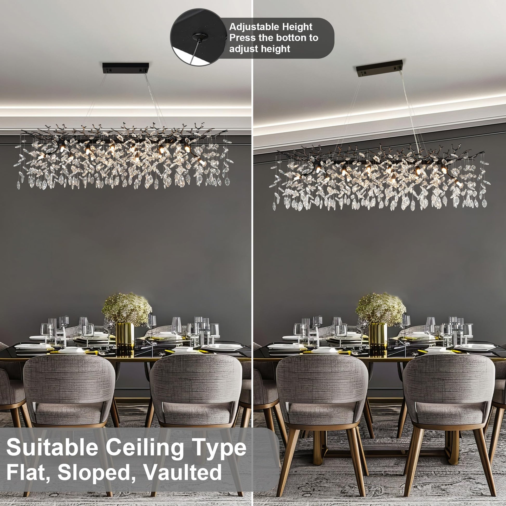 60" Modern Gold Crystal Tree Branch Chandelier, 16 - Light Rectangular Chandeliers for Dining Room, Kitchen Island, Living Room, Luxury K9 Crystal Raindrop Light Fixture - Camilalamps - B0FC6PCBZ1