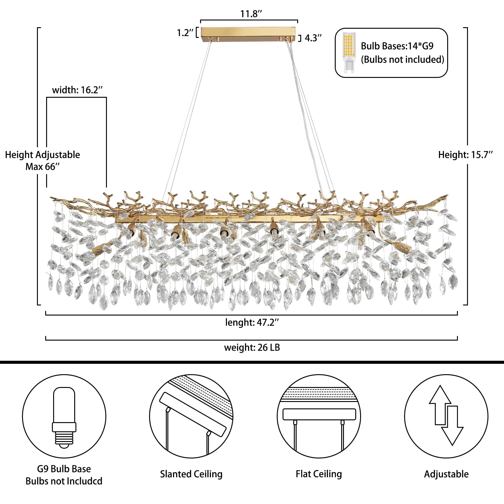 60" Modern Gold Crystal Tree Branch Chandelier, 16 - Light Rectangular Chandeliers for Dining Room, Kitchen Island, Living Room, Luxury K9 Crystal Raindrop Light Fixture - Camilalamps - B0FC6PCBZ1