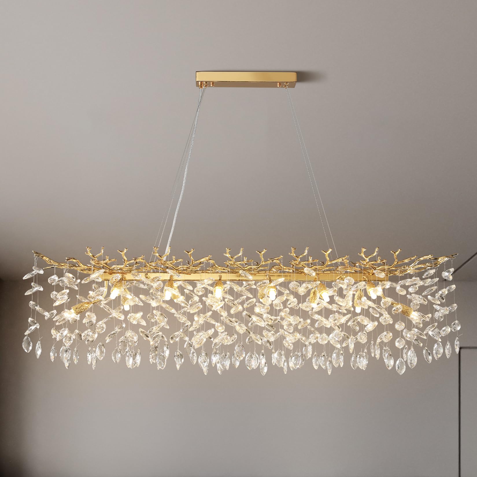 60" Modern Gold Crystal Tree Branch Chandelier, 16 - Light Rectangular Chandeliers for Dining Room, Kitchen Island, Living Room, Luxury K9 Crystal Raindrop Light Fixture - Camilalamps - B0FC6PCBZ1