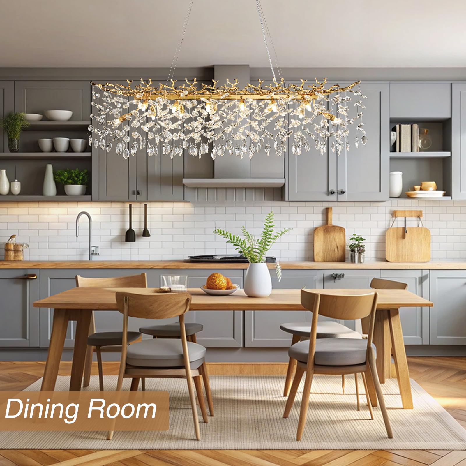 60" Modern Gold Crystal Tree Branch Chandelier, 16 - Light Rectangular Chandeliers for Dining Room, Kitchen Island, Living Room, Luxury K9 Crystal Raindrop Light Fixture - Camilalamps - B0FC6PCBZ1
