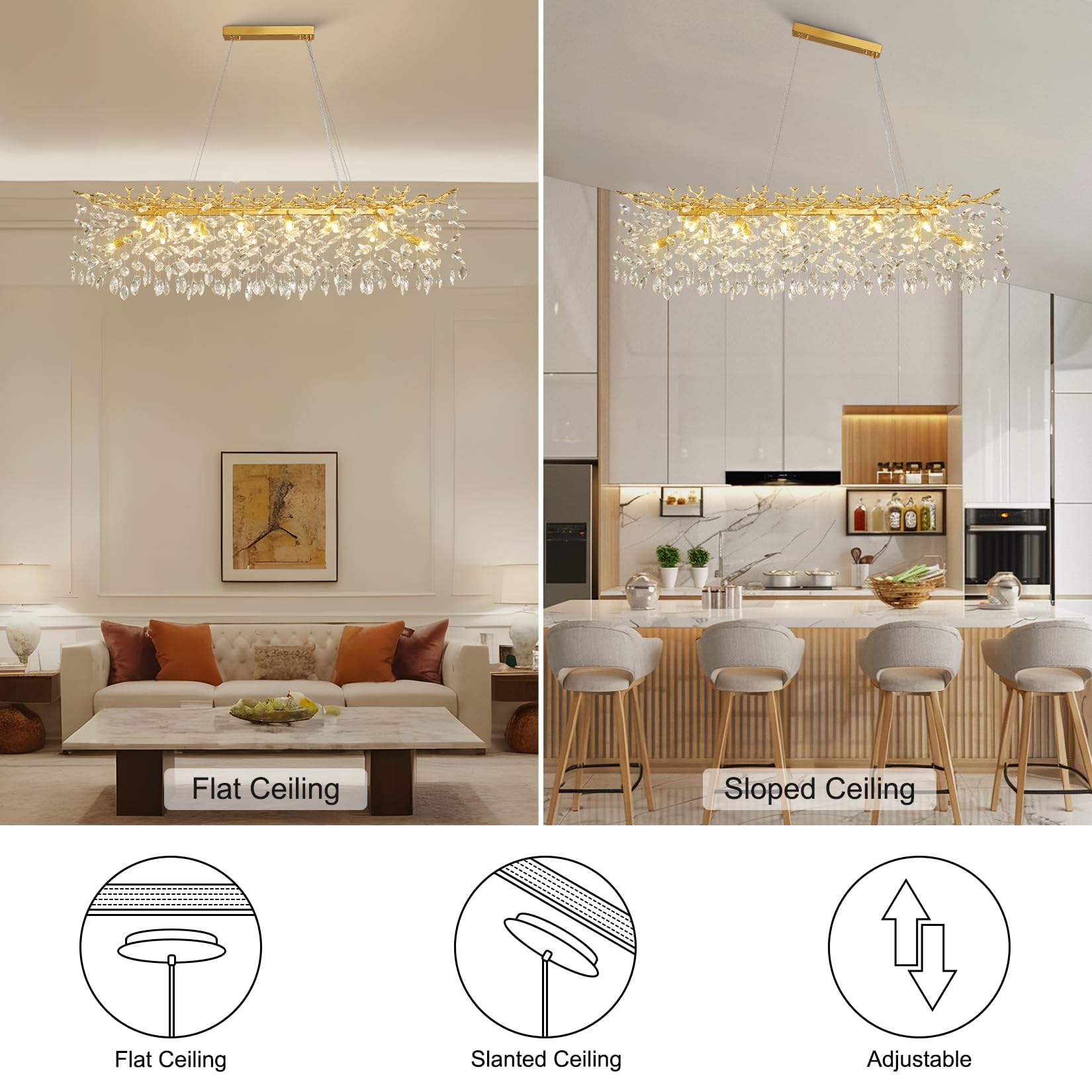 60" Modern Gold Crystal Tree Branch Chandelier, 16 - Light Rectangular Chandeliers for Dining Room, Kitchen Island, Living Room, Luxury K9 Crystal Raindrop Light Fixture - Camilalamps - B0FC6PCBZ1